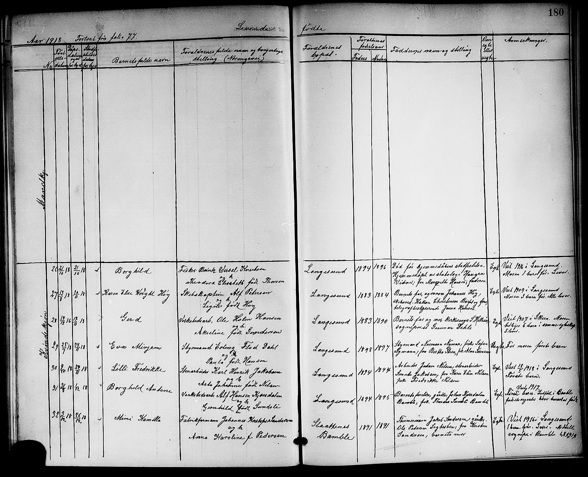 Langesund kirkebøker, SAKO/A-280/G/Ga/L0006: Parish register (copy) no. 6, 1899-1918, p. 180