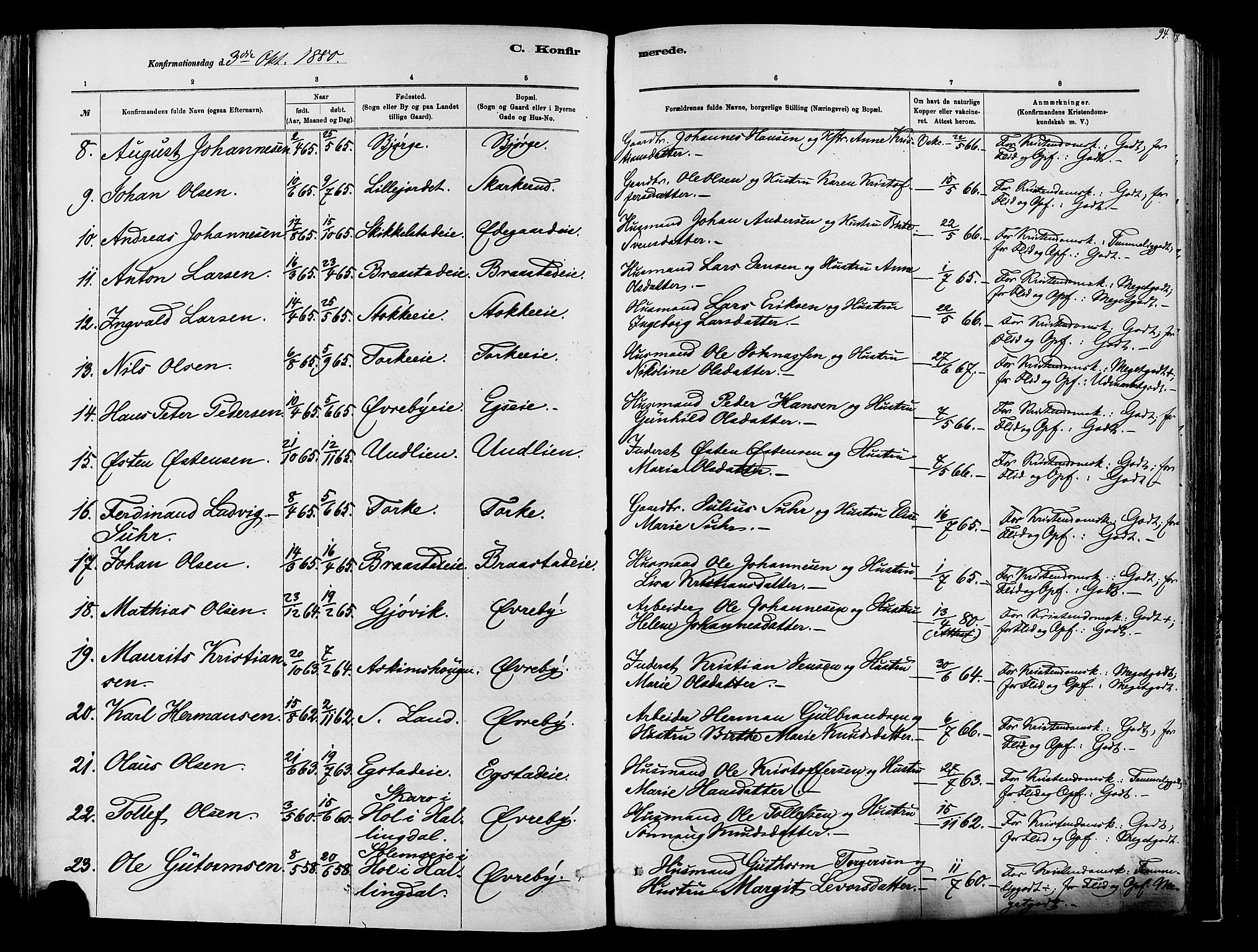 Vardal prestekontor, SAH/PREST-100/H/Ha/Haa/L0009: Parish register (official) no. 9, 1878-1892, p. 94