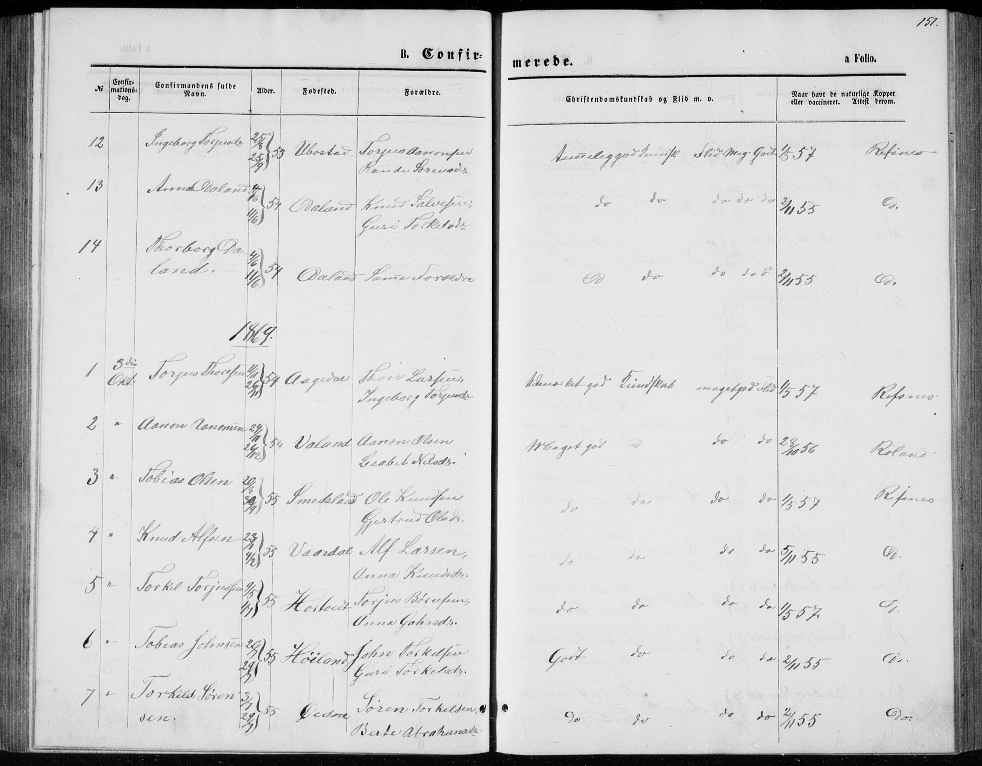 Bjelland sokneprestkontor, AV/SAK-1111-0005/F/Fb/Fbc/L0002: Parish register (copy) no. B 2, 1867-1887, p. 151