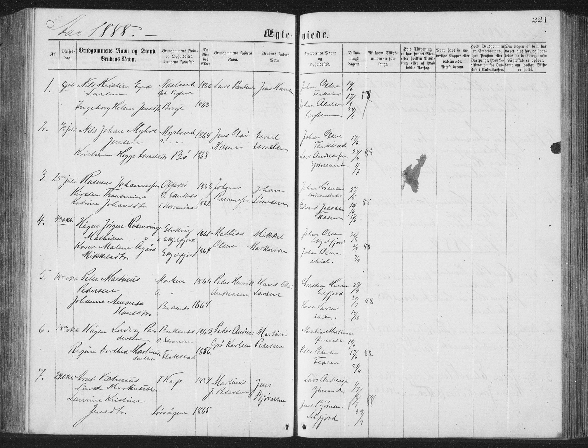 Ministerialprotokoller, klokkerbøker og fødselsregistre - Nordland, AV/SAT-A-1459/885/L1213: Parish register (copy) no. 885C02, 1874-1892, p. 221