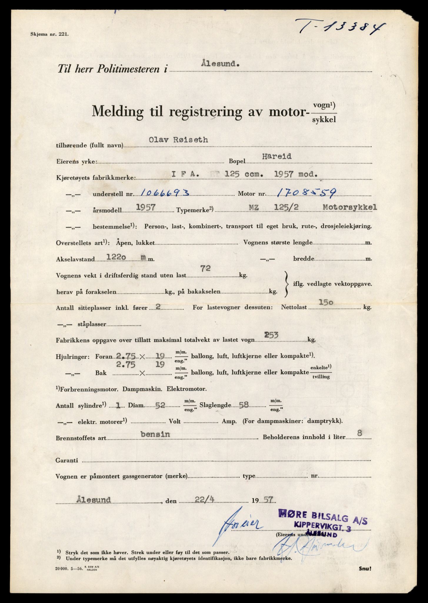 Møre og Romsdal vegkontor - Ålesund trafikkstasjon, AV/SAT-A-4099/F/Fe/L0039: Registreringskort for kjøretøy T 13361 - T 13530, 1927-1998, p. 377