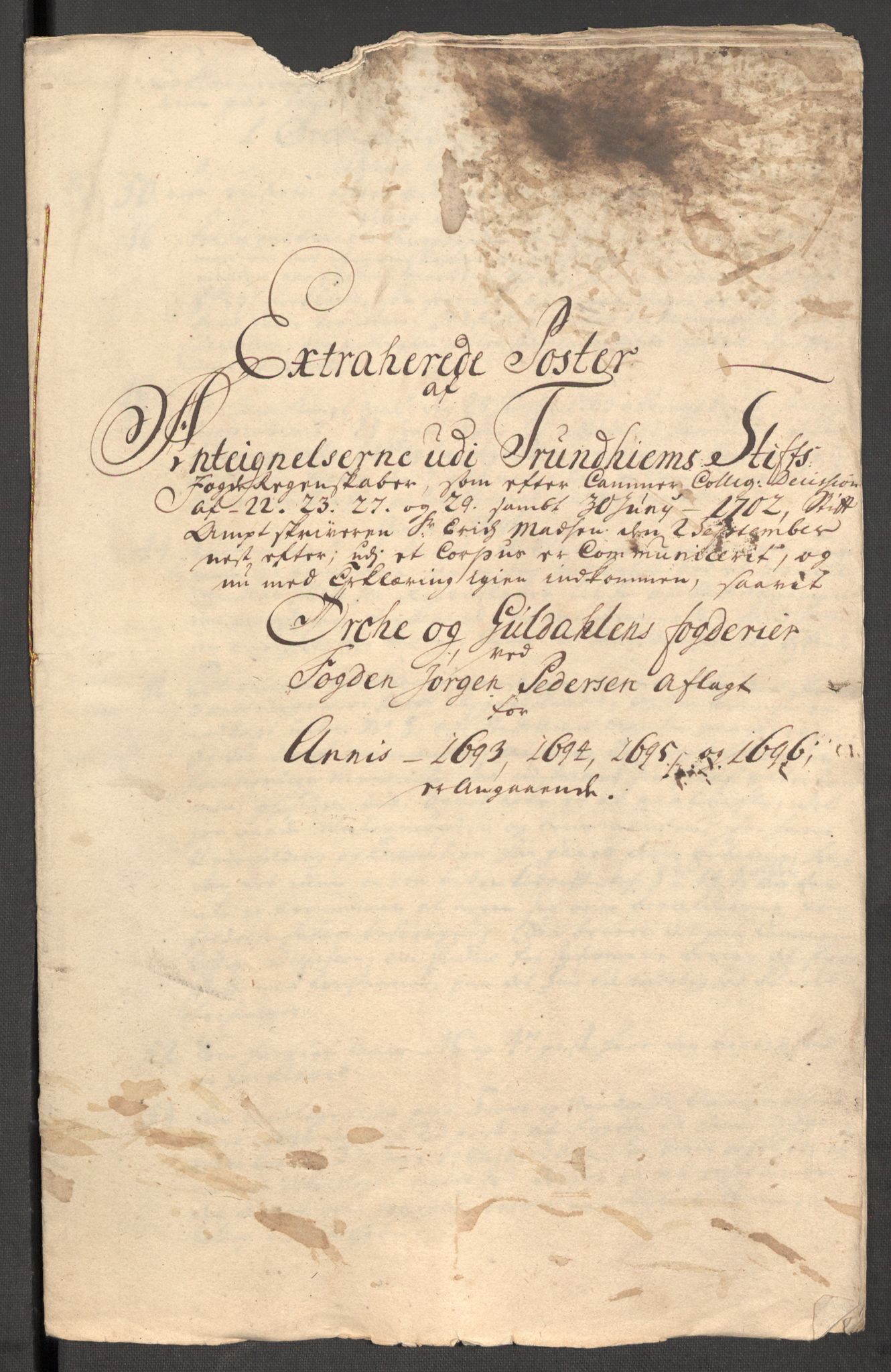Rentekammeret inntil 1814, Reviderte regnskaper, Fogderegnskap, RA/EA-4092/R60/L3946: Fogderegnskap Orkdal og Gauldal, 1696, p. 418