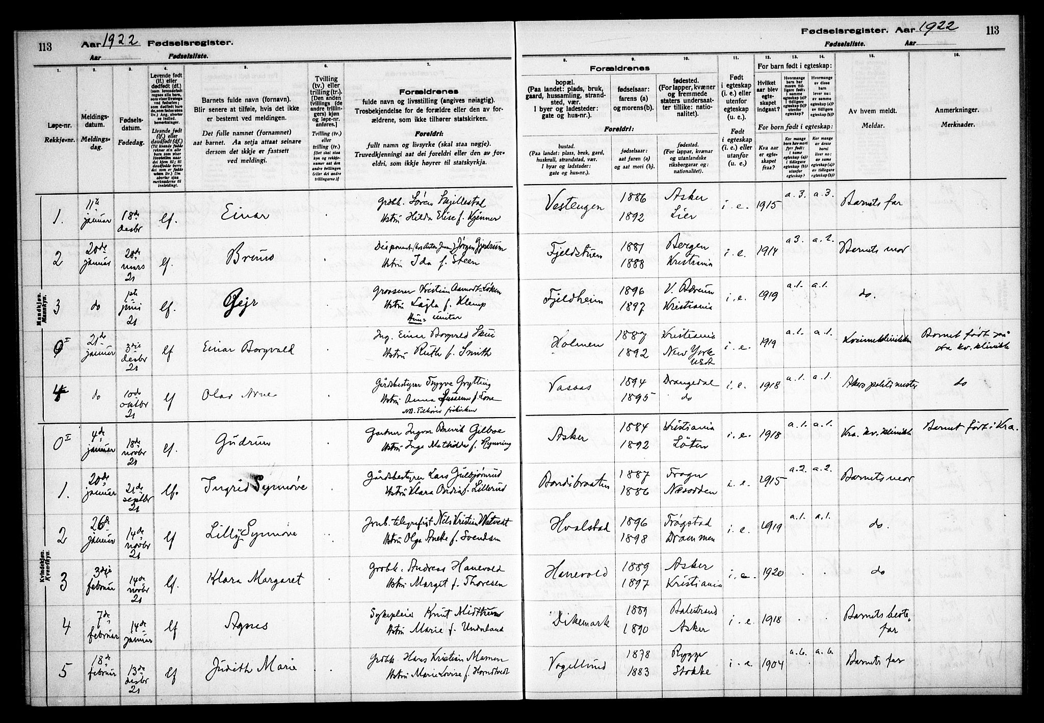 Asker prestekontor Kirkebøker, SAO/A-10256a/J/L0001: Birth register no. 1, 1916-1925, p. 113