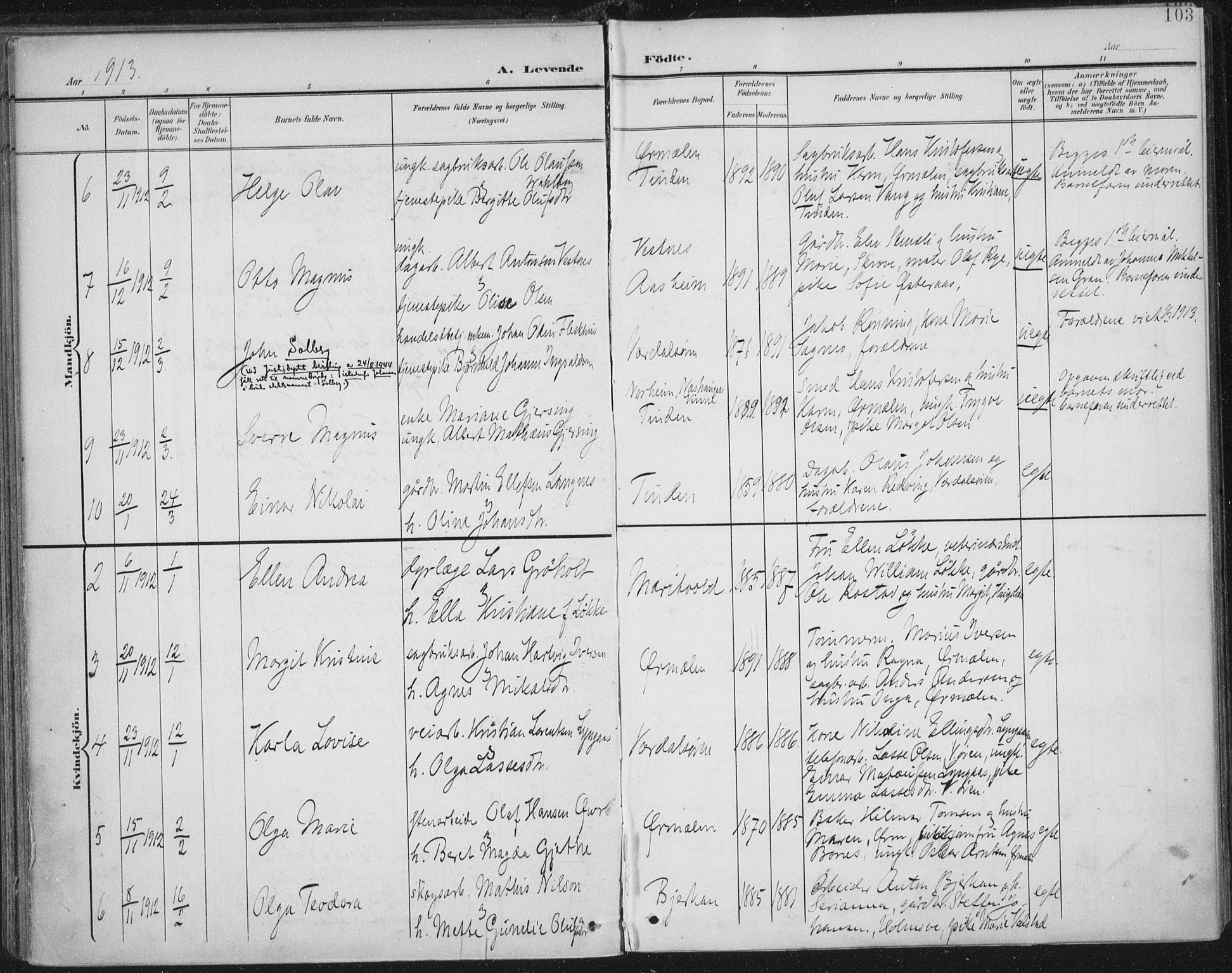 Ministerialprotokoller, klokkerbøker og fødselsregistre - Nord-Trøndelag, AV/SAT-A-1458/723/L0246: Parish register (official) no. 723A15, 1900-1917, p. 103