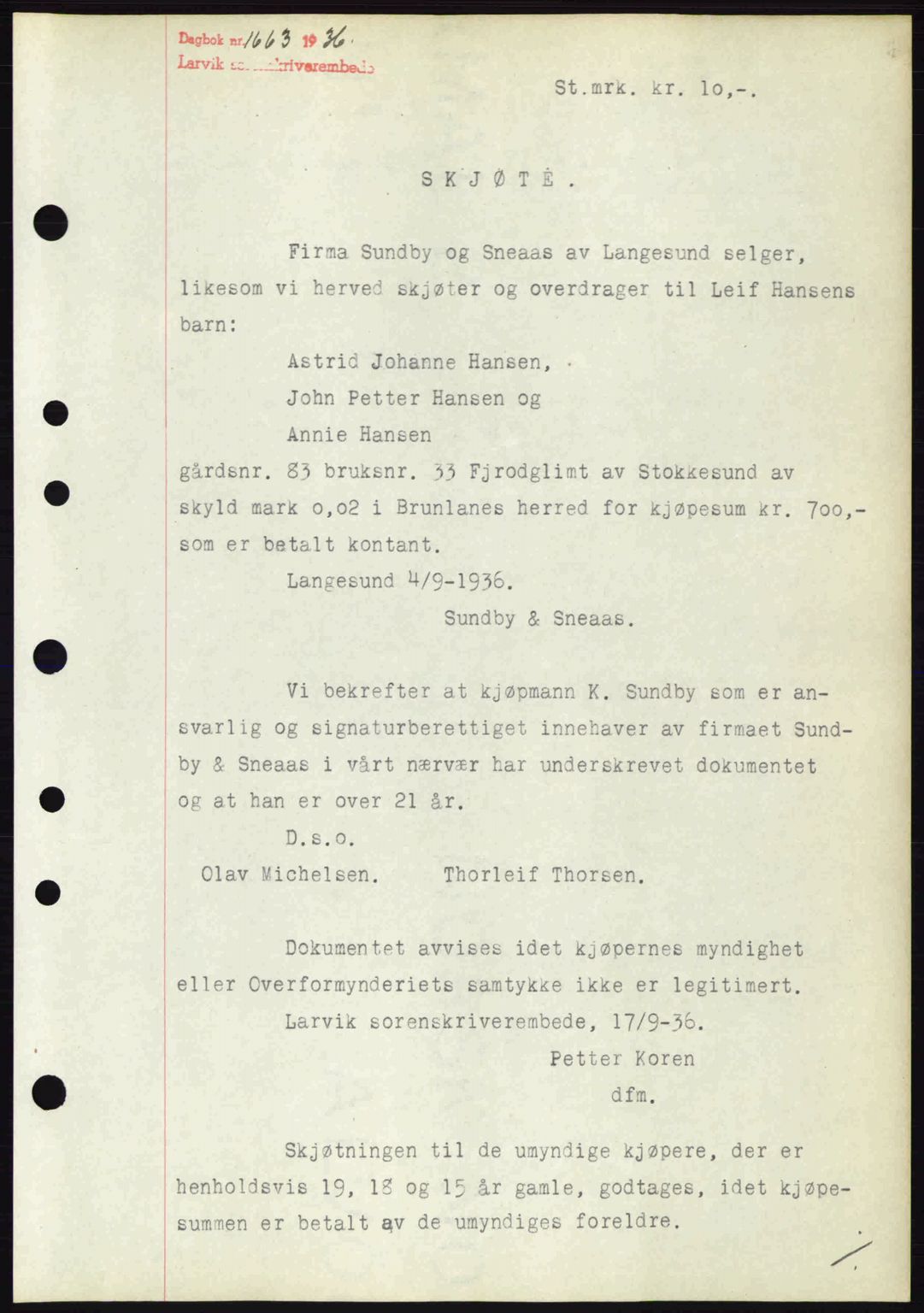 Larvik sorenskriveri, SAKO/A-83/G/Ga/Gab/L0067: Mortgage book no. A-1, 1936-1937, Diary no: : 1663/1936