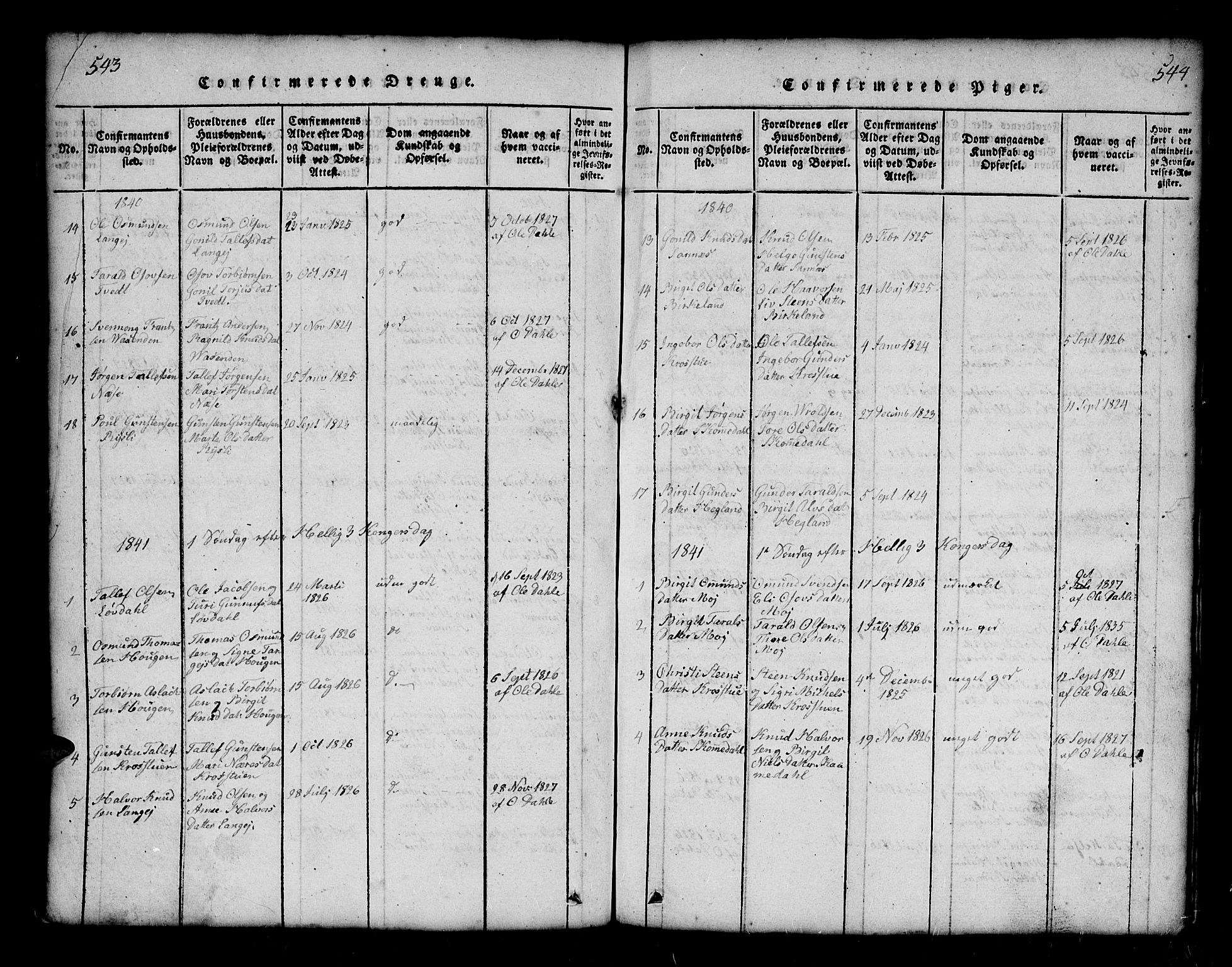 Bygland sokneprestkontor, SAK/1111-0006/F/Fb/Fbb/L0001: Parish register (copy) no. B 1, 1816-1843, p. 543-544