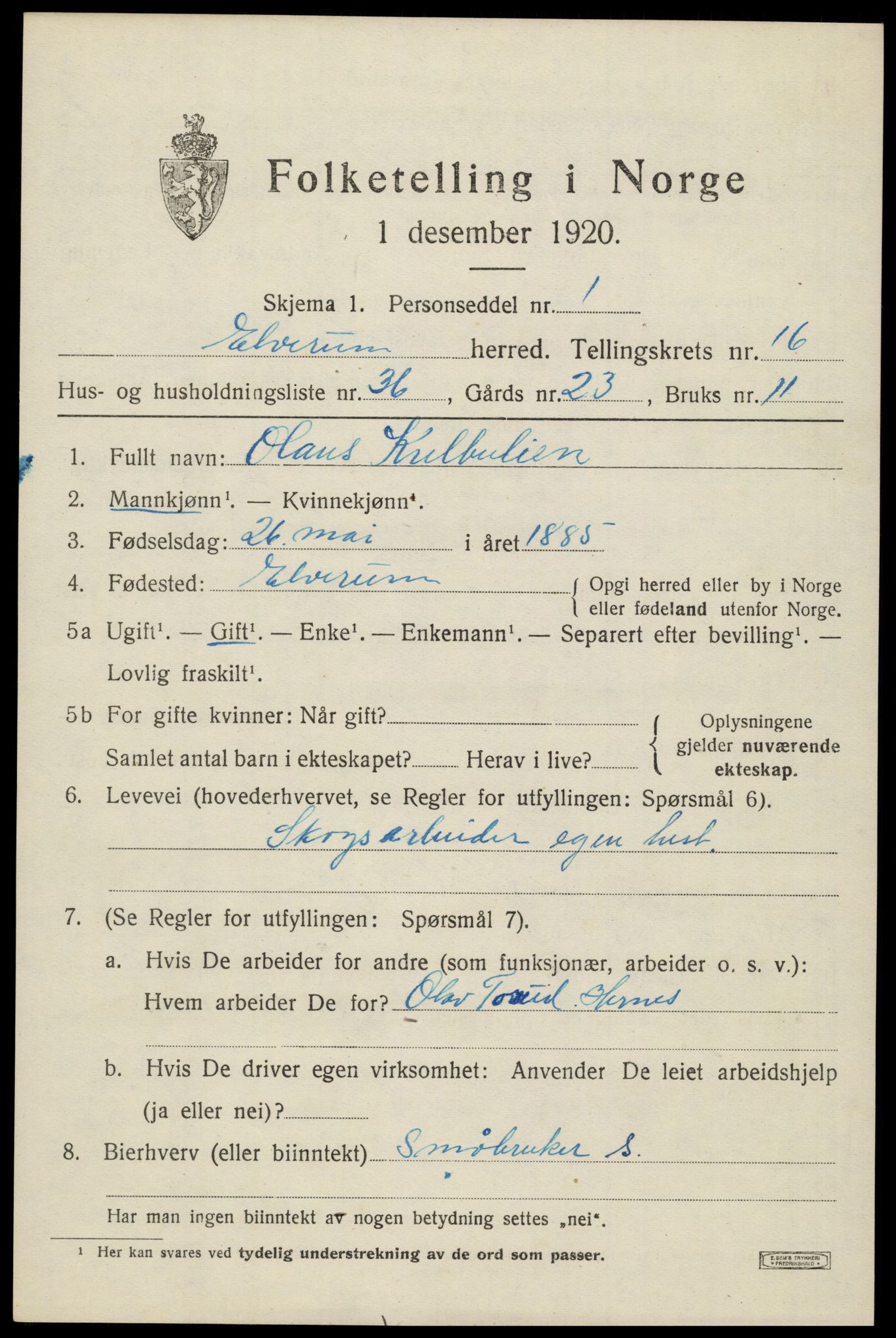 SAH, 1920 census for Elverum, 1920, p. 21188