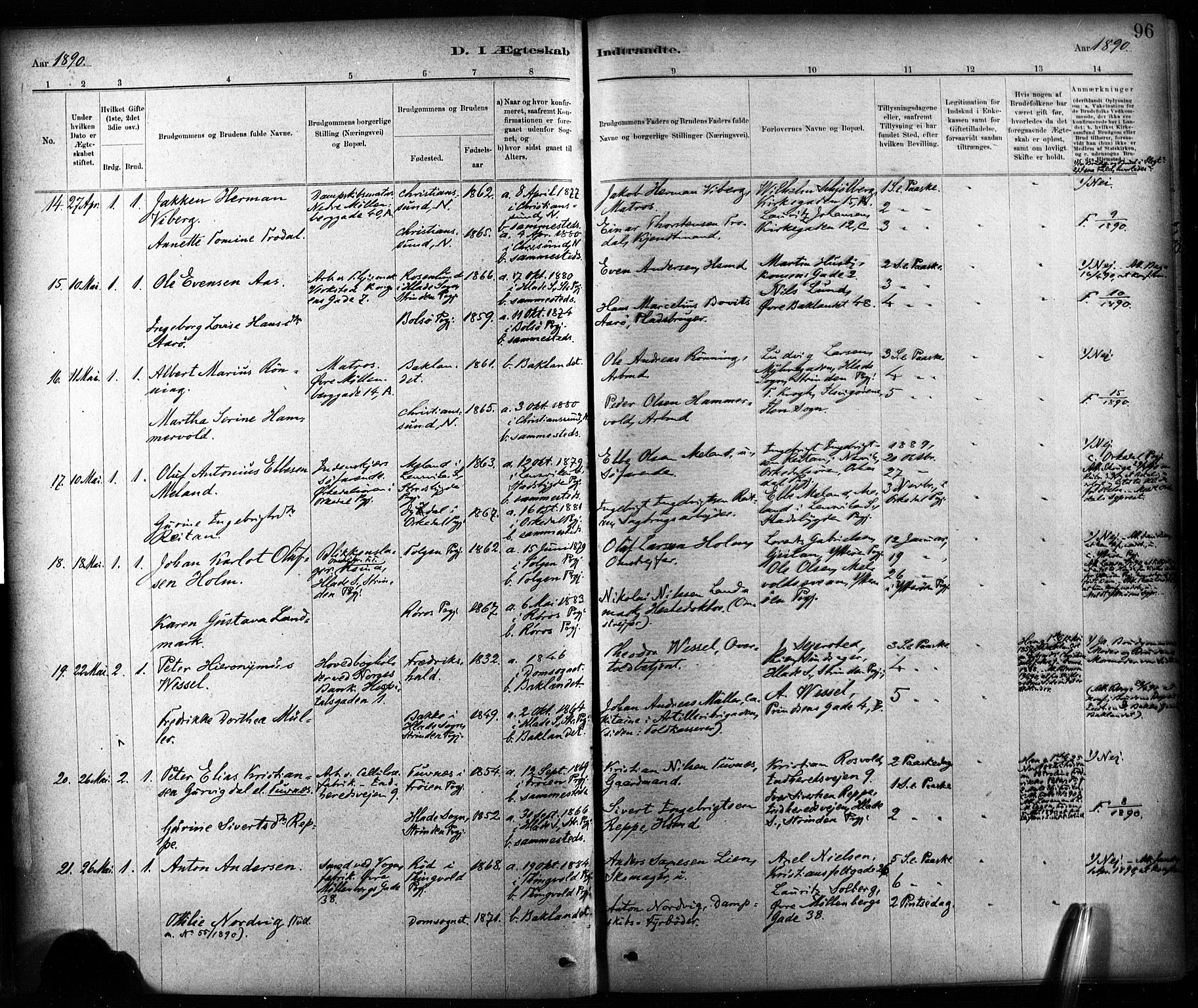 Ministerialprotokoller, klokkerbøker og fødselsregistre - Sør-Trøndelag, SAT/A-1456/604/L0189: Parish register (official) no. 604A10, 1878-1892, p. 96