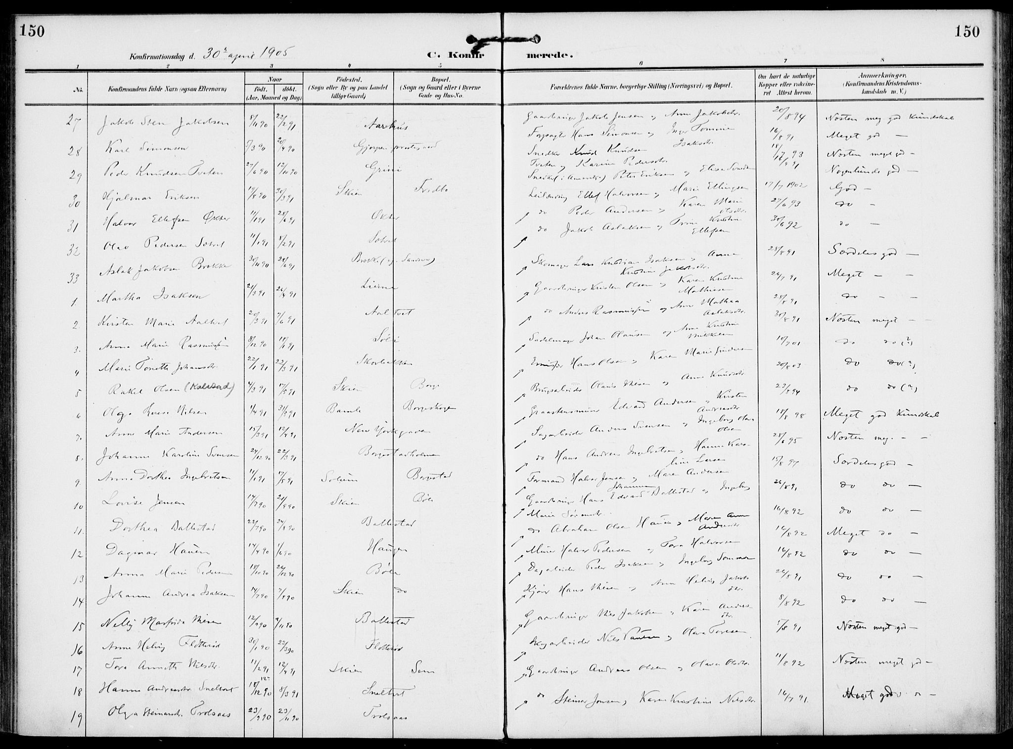 Gjerpen kirkebøker, SAKO/A-265/F/Fa/L0012: Parish register (official) no. I 12, 1905-1913, p. 150