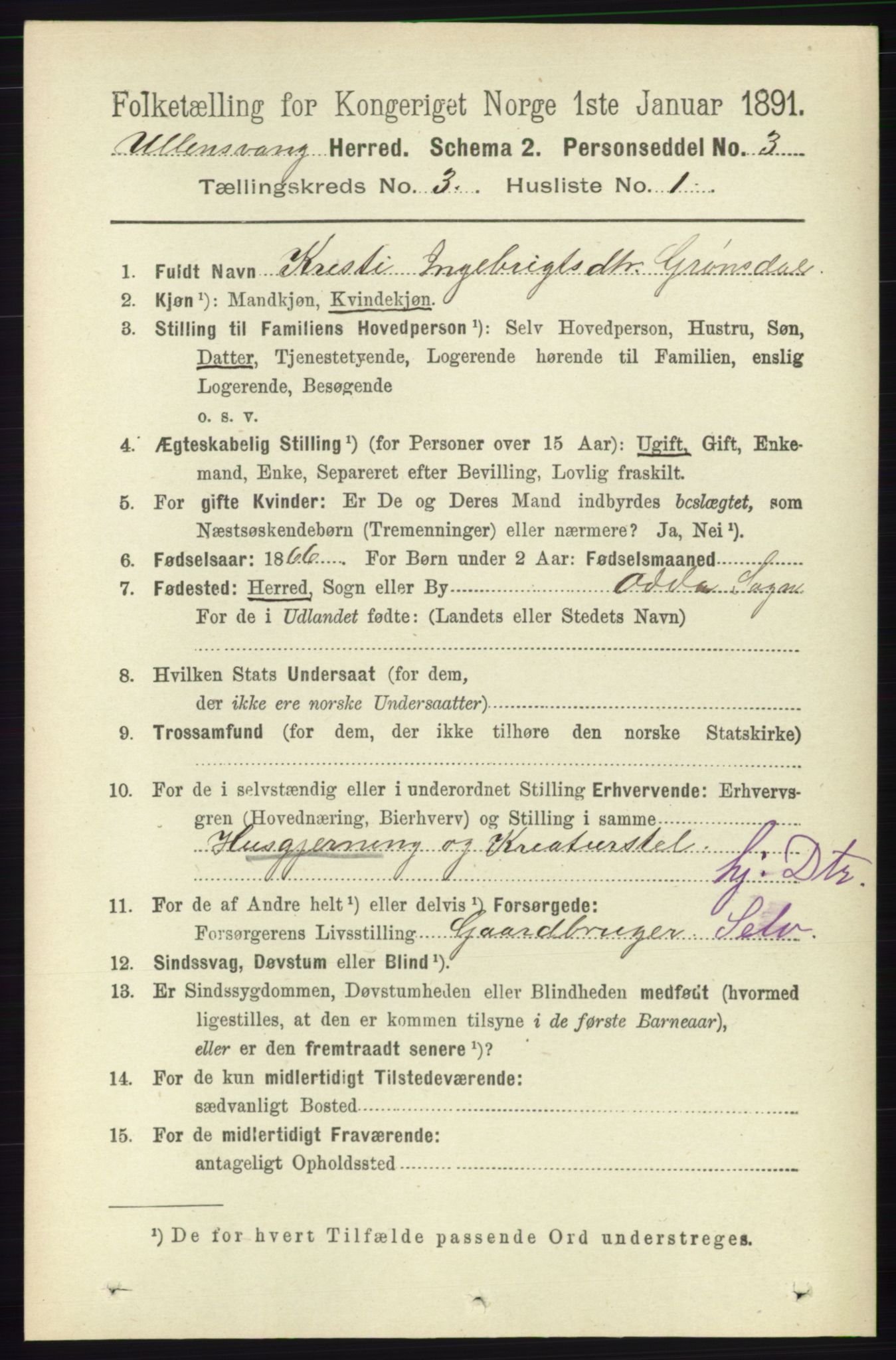 RA, 1891 census for 1230 Ullensvang, 1891, p. 587