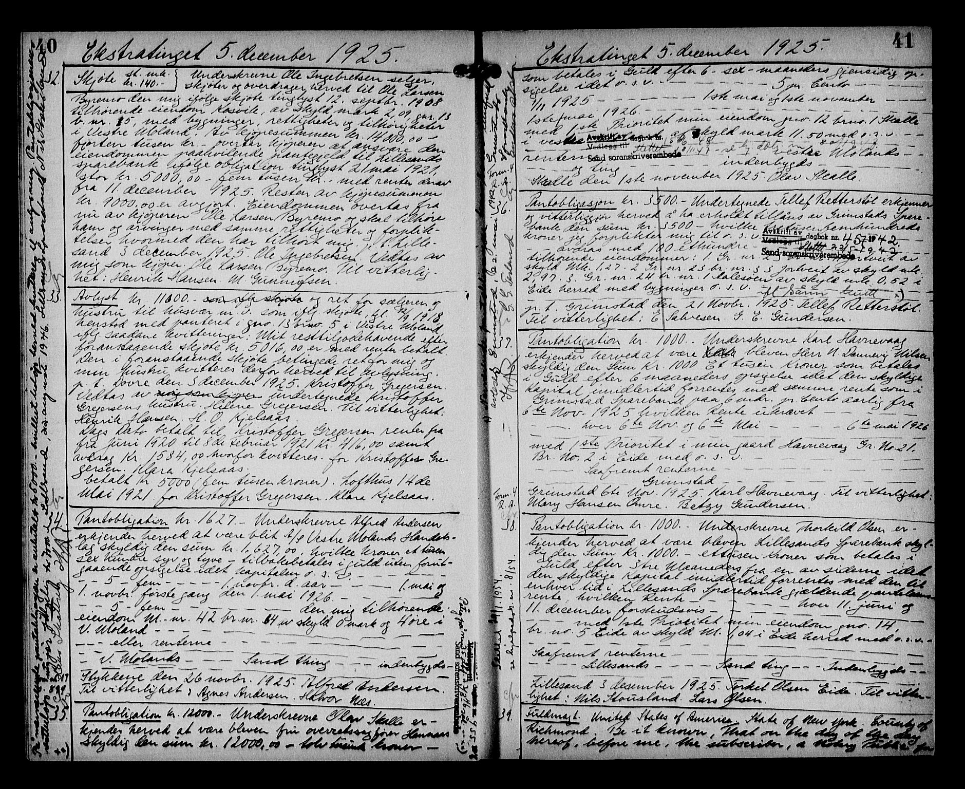 Vestre Nedenes/Sand sorenskriveri, AV/SAK-1221-0010/G/Gb/Gba/L0035: Mortgage book no. 61, 1925-1929, p. 40-41