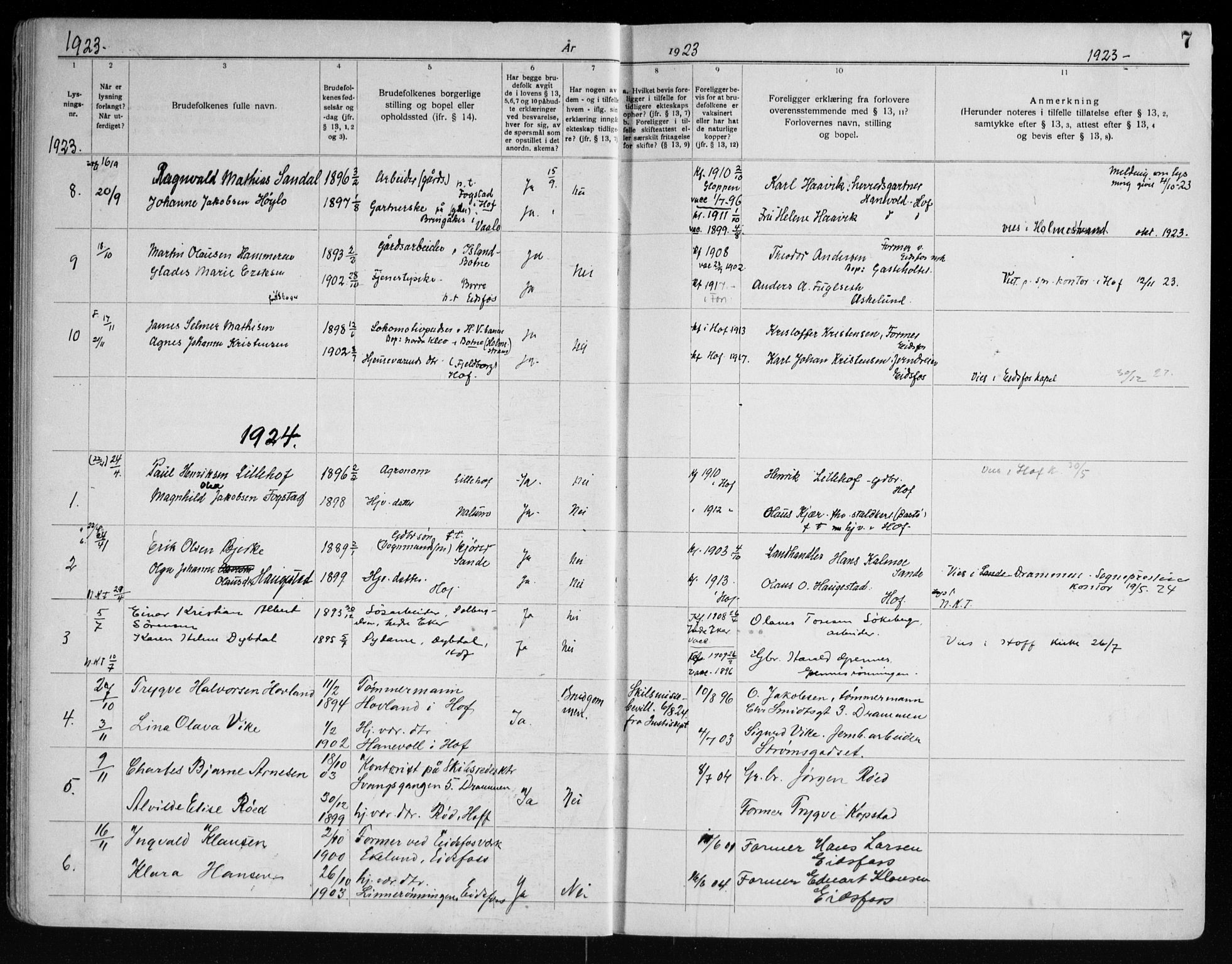 Hof kirkebøker, AV/SAKO-A-64/H/Ha/L0001: Banns register no. 1, 1919-1957, p. 7