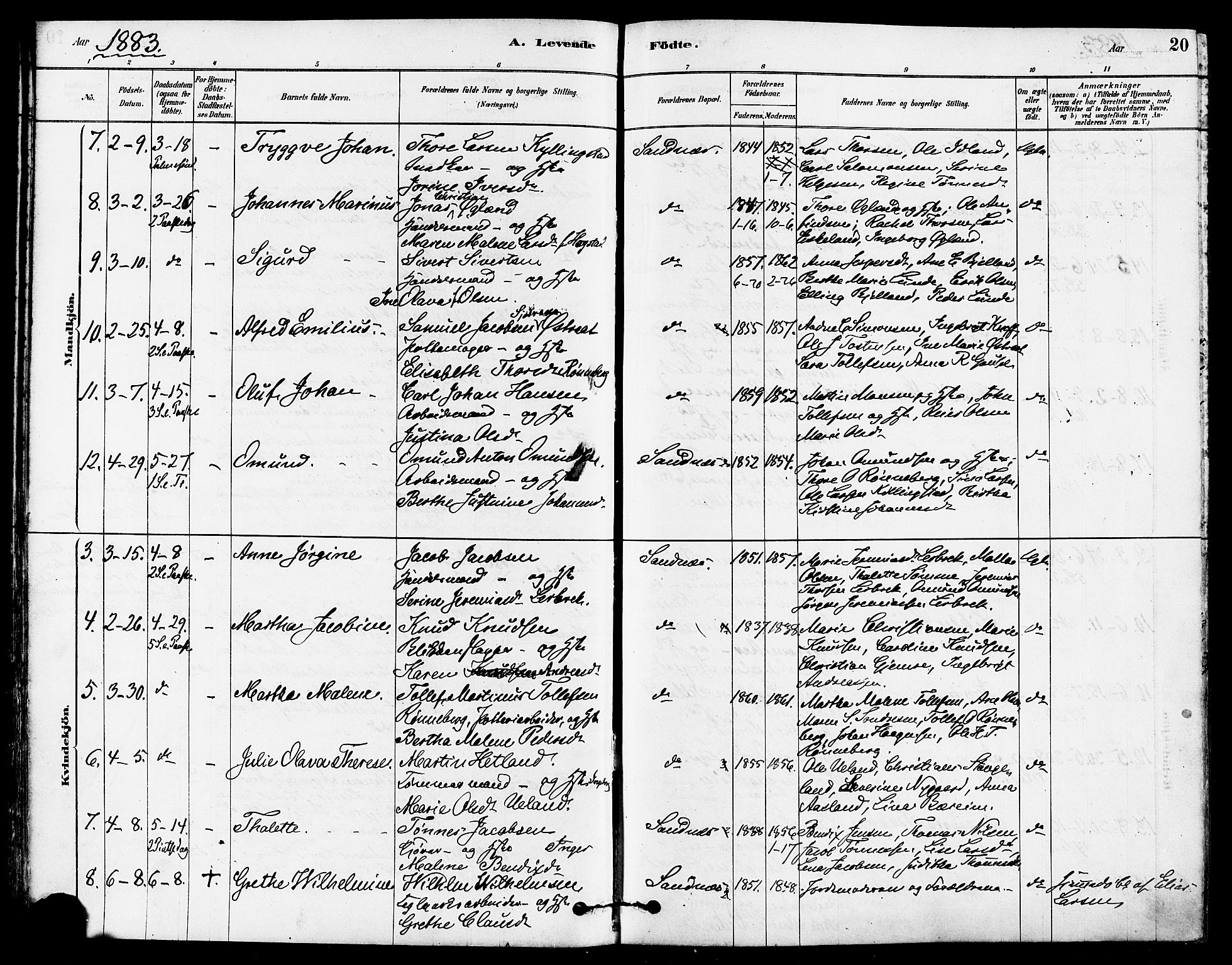 Høyland sokneprestkontor, SAST/A-101799/001/30BA/L0012: Parish register (official) no. A 11, 1878-1889, p. 20