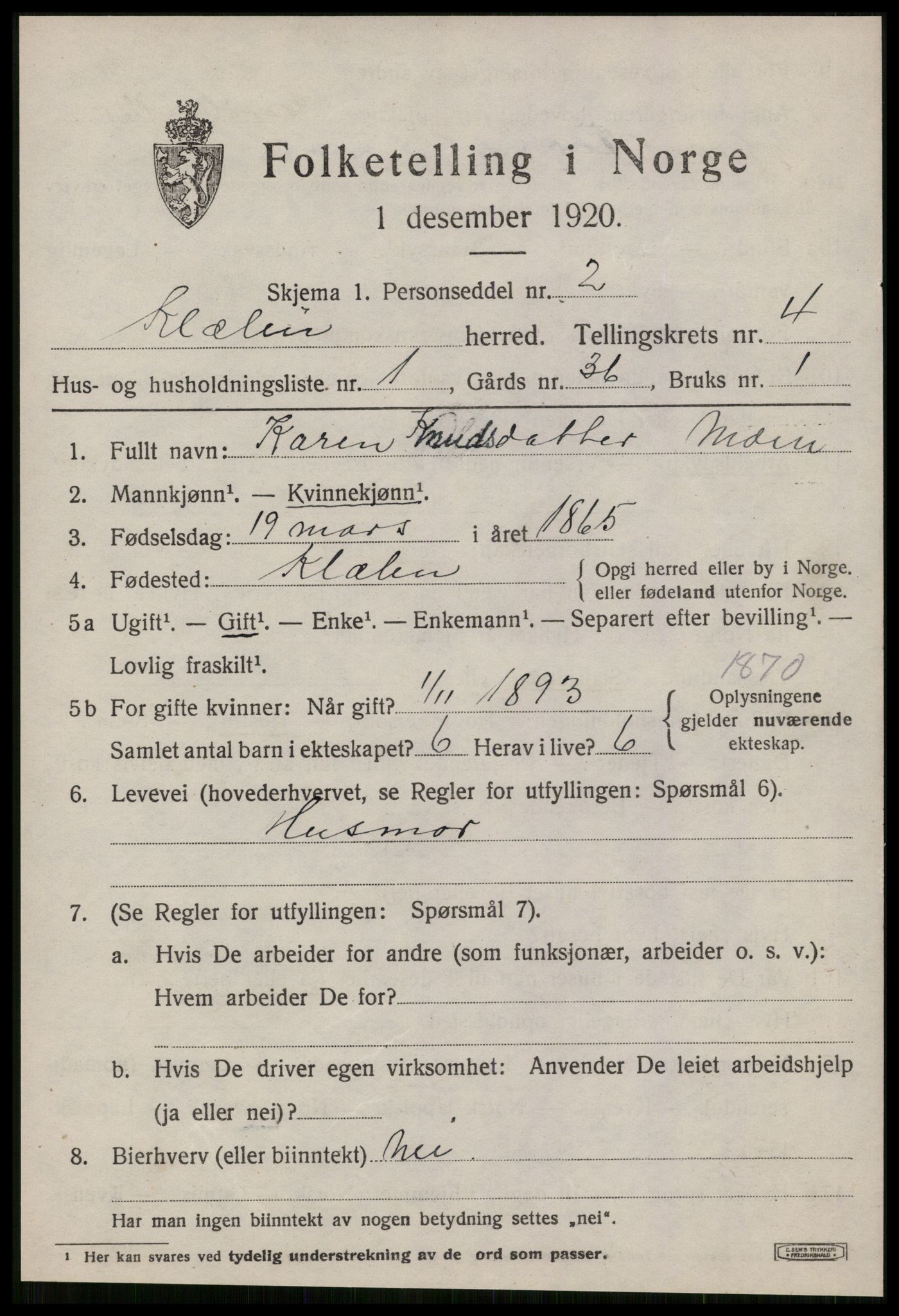 SAT, 1920 census for Klæbu, 1920, p. 2072