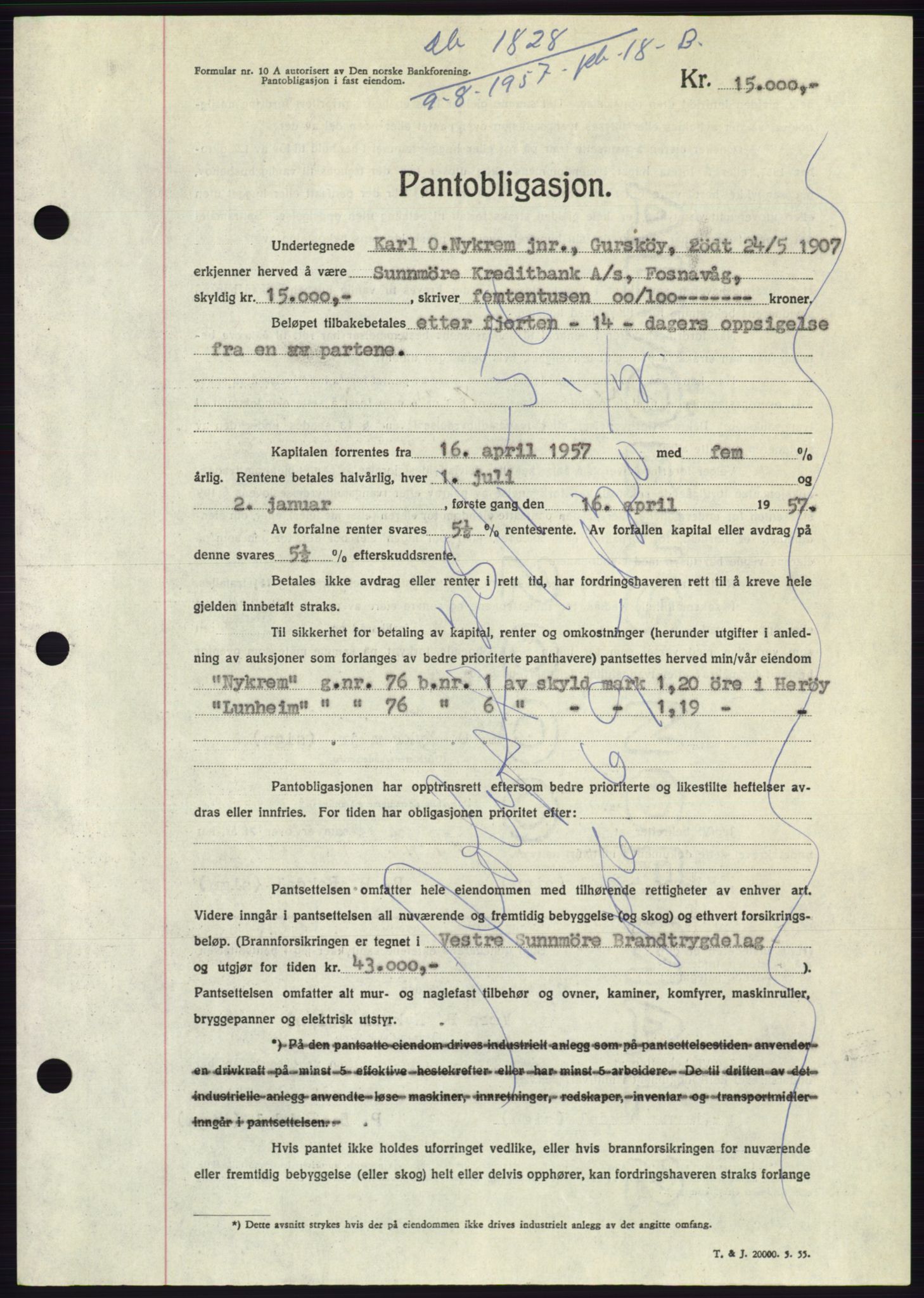 Søre Sunnmøre sorenskriveri, AV/SAT-A-4122/1/2/2C/L0130: Mortgage book no. 18B, 1957-1958, Diary no: : 1828/1957