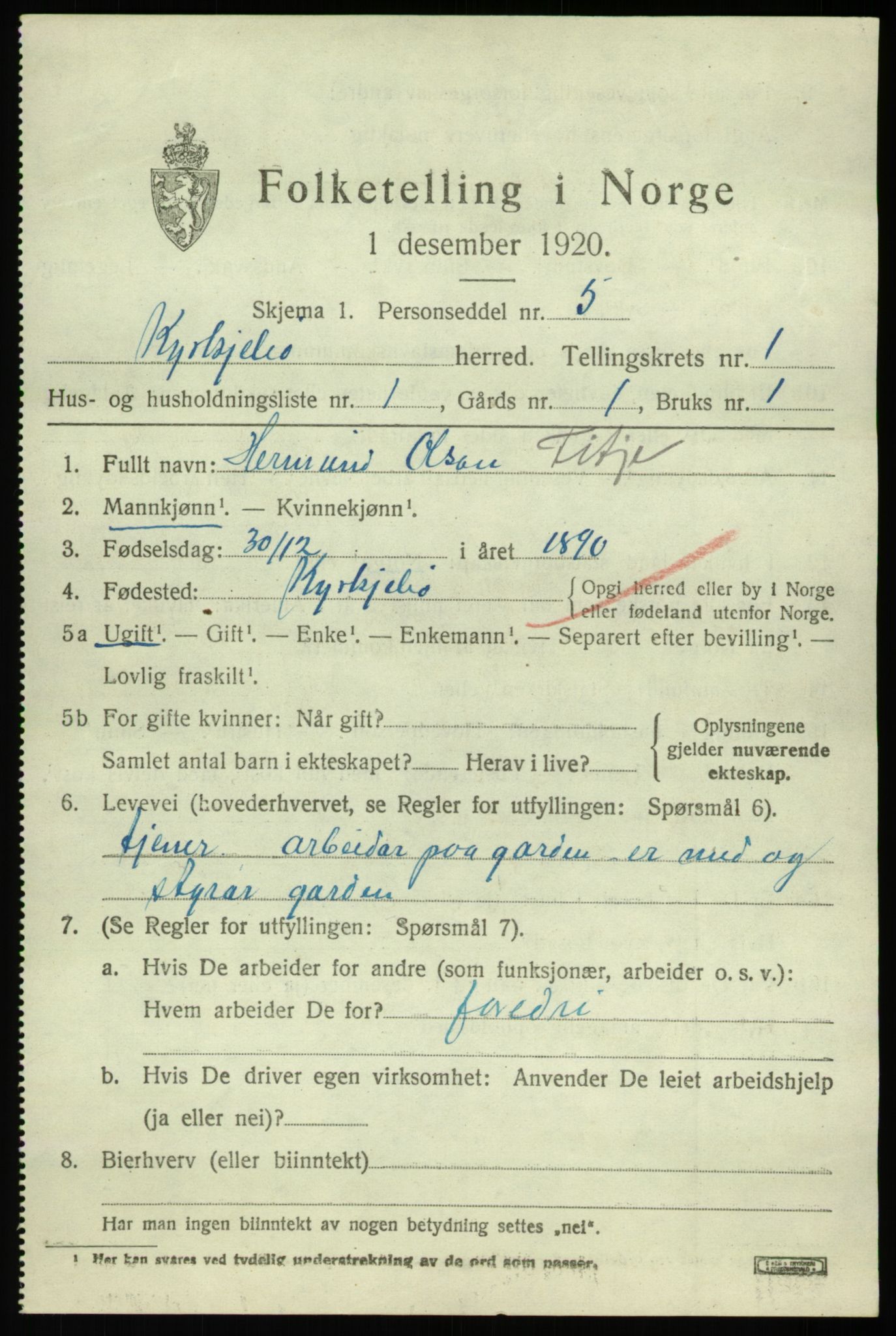 SAB, 1920 census for Kyrkjebø, 1920, p. 741