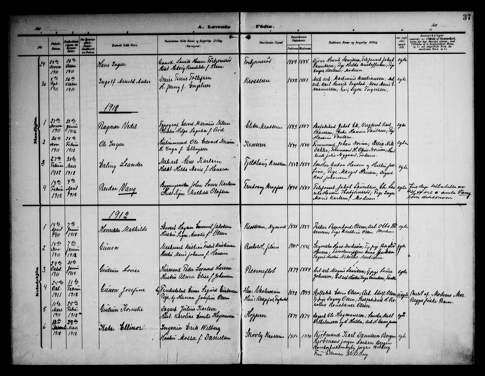 Moss prestekontor Kirkebøker, AV/SAO-A-2003/F/Fc/L0003: Parish register (official) no. III 3, 1906-1914, p. 37