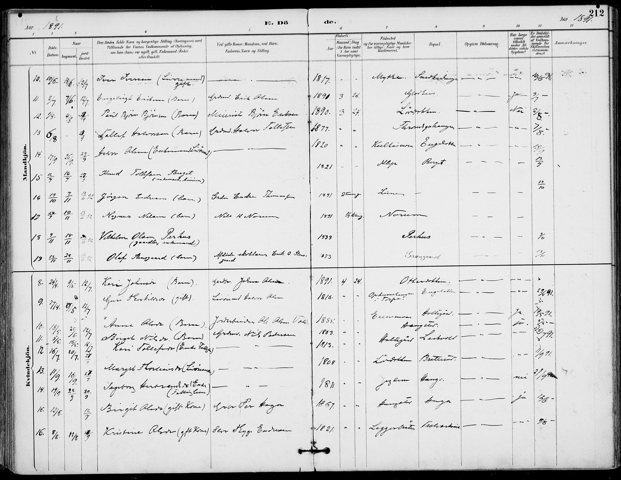 Gol kirkebøker, AV/SAKO-A-226/F/Fa/L0005: Parish register (official) no. I 5, 1887-1900, p. 212