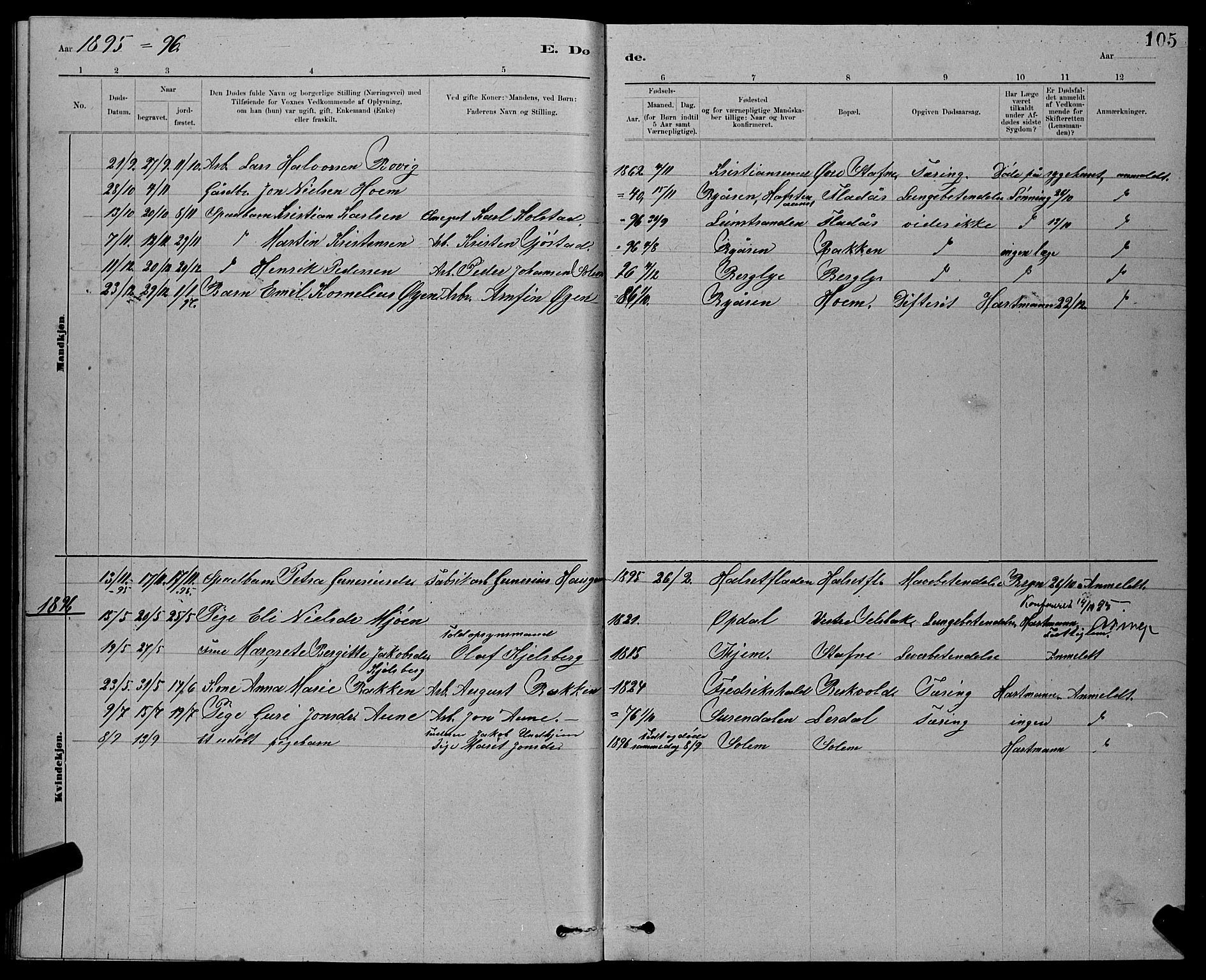 Ministerialprotokoller, klokkerbøker og fødselsregistre - Sør-Trøndelag, AV/SAT-A-1456/611/L0354: Parish register (copy) no. 611C02, 1881-1896, p. 105