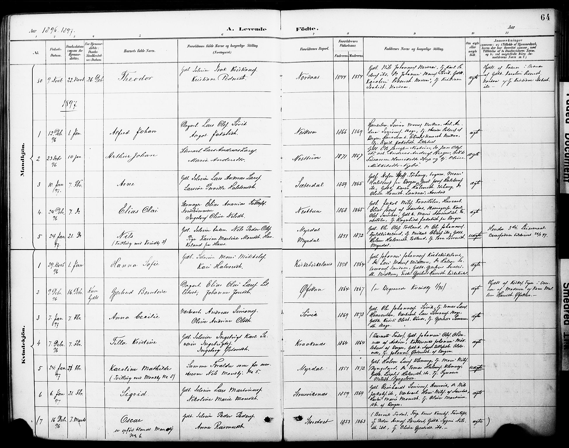 Fana Sokneprestembete, SAB/A-75101/H/Haa/Haai/L0002: Parish register (official) no. I 2, 1888-1899, p. 64
