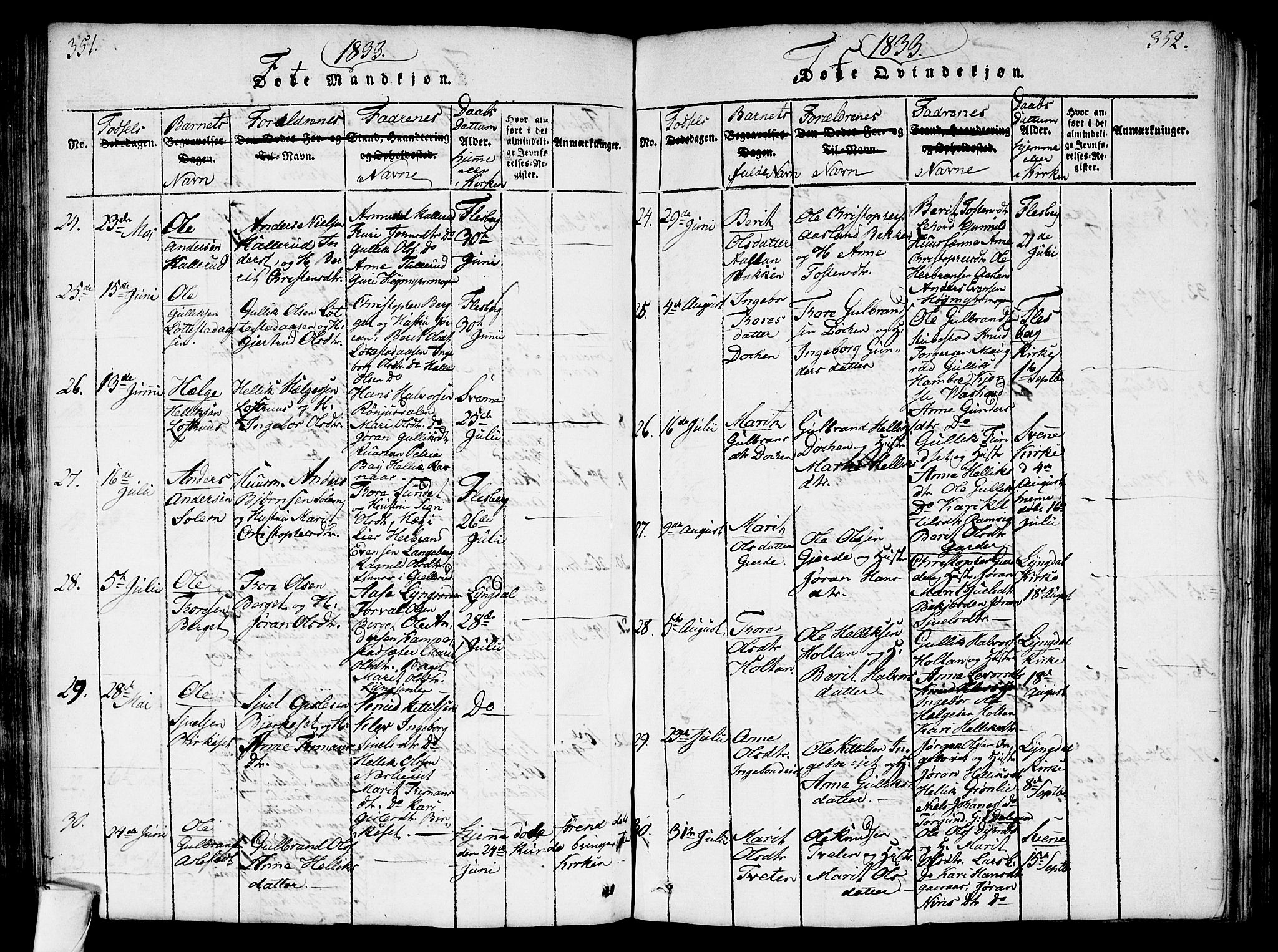 Flesberg kirkebøker, AV/SAKO-A-18/G/Ga/L0001: Parish register (copy) no. I 1, 1816-1834, p. 351-352