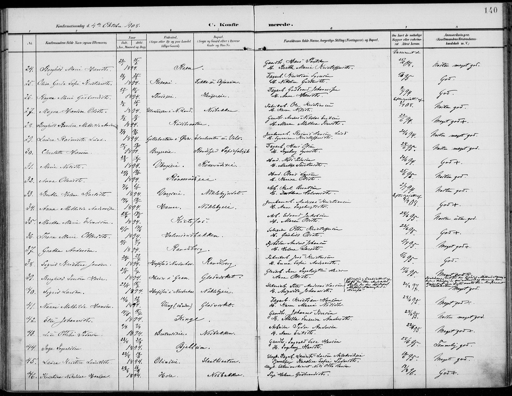 Jevnaker prestekontor, SAH/PREST-116/H/Ha/Haa/L0011: Parish register (official) no. 11, 1902-1913, p. 140