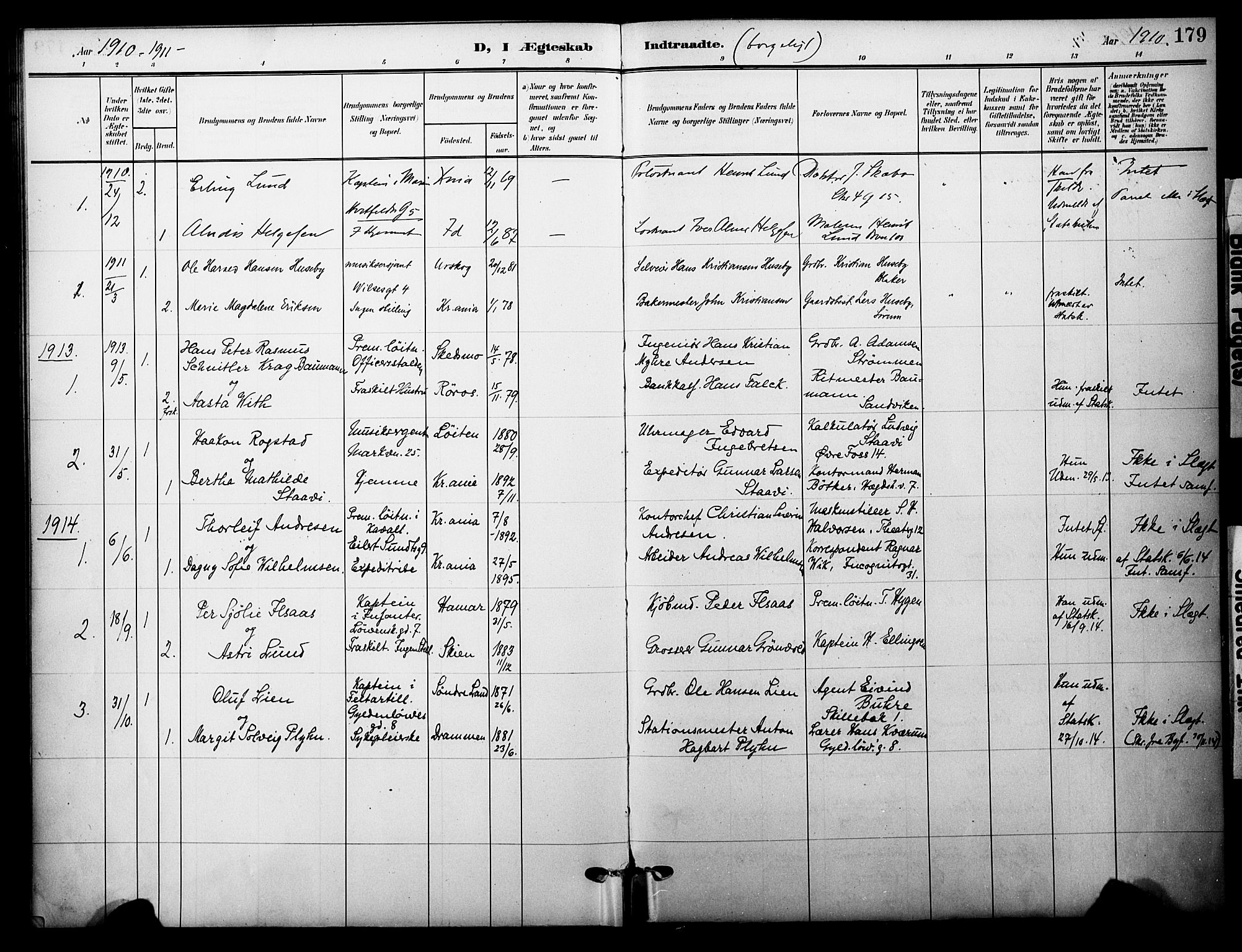 Garnisonsmenigheten Kirkebøker, SAO/A-10846/F/Fa/L0014: Parish register (official) no. 14, 1905-1914, p. 179