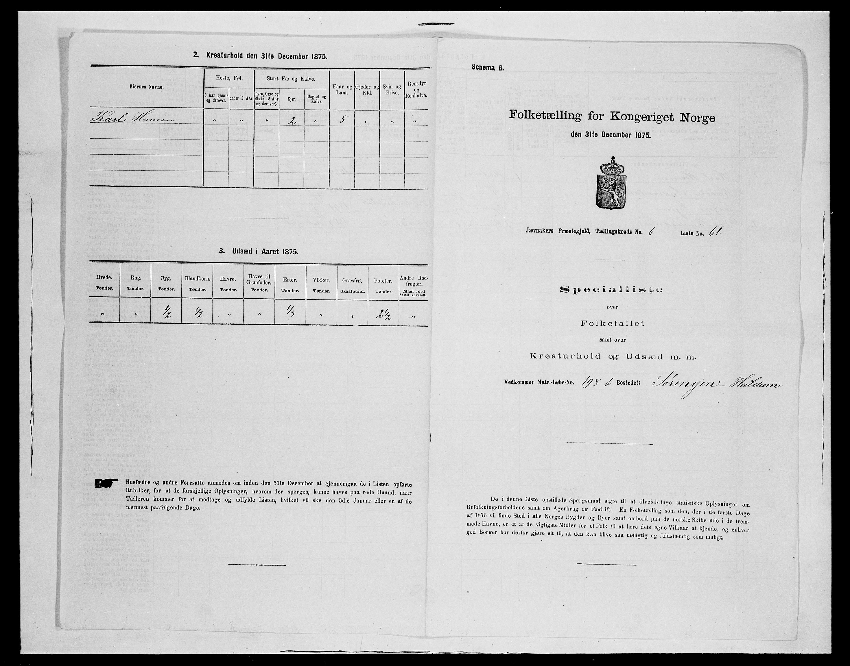 SAH, 1875 census for 0532P Jevnaker, 1875, p. 1145