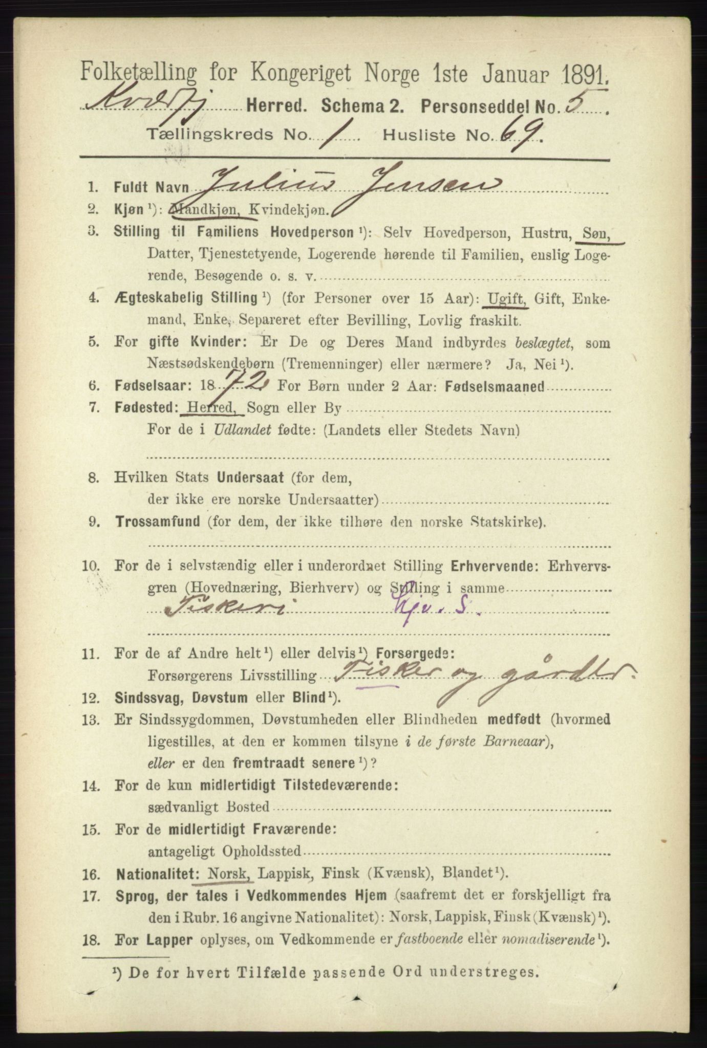 RA, 1891 census for 1911 Kvæfjord, 1891, p. 578