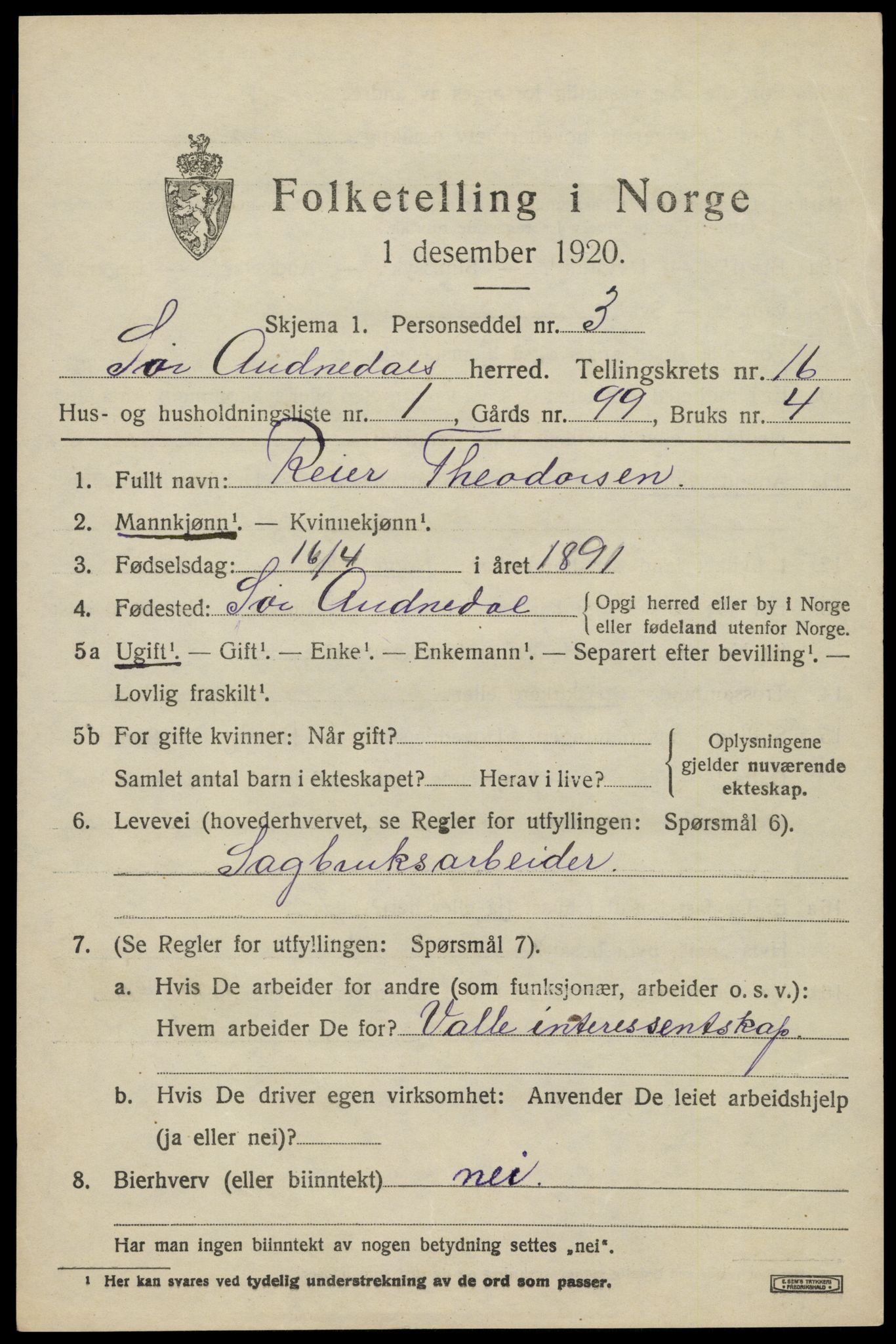 SAK, 1920 census for Sør-Audnedal, 1920, p. 5927