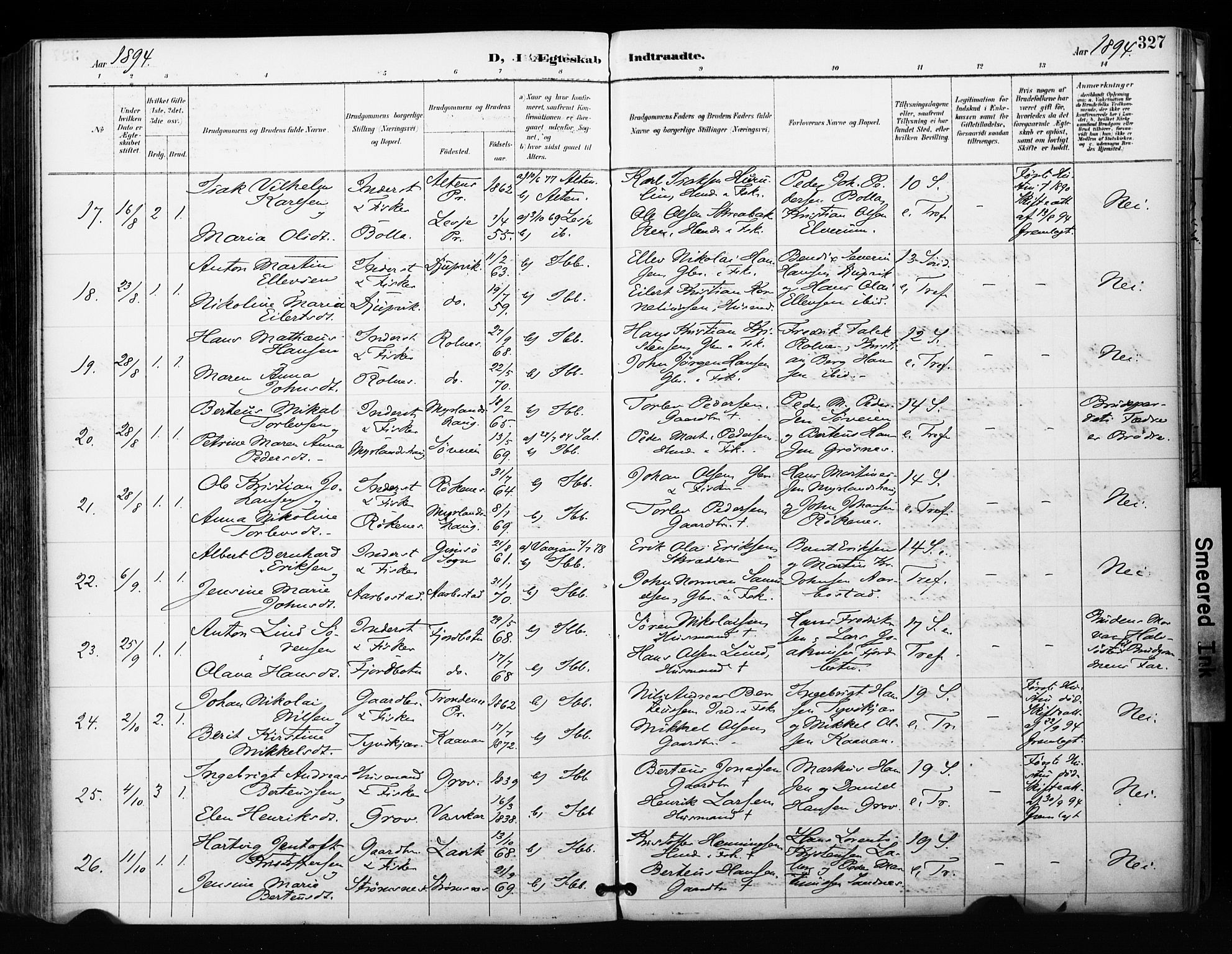 Ibestad sokneprestembete, SATØ/S-0077/H/Ha/Haa/L0012kirke: Parish register (official) no. 12, 1890-1900, p. 327