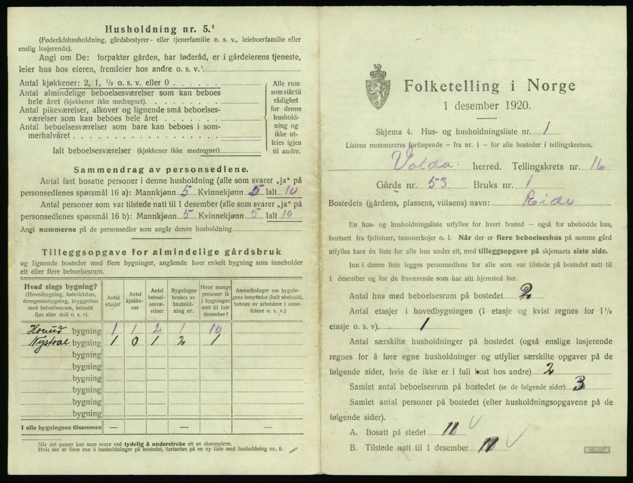 SAT, 1920 census for Volda, 1920, p. 1188