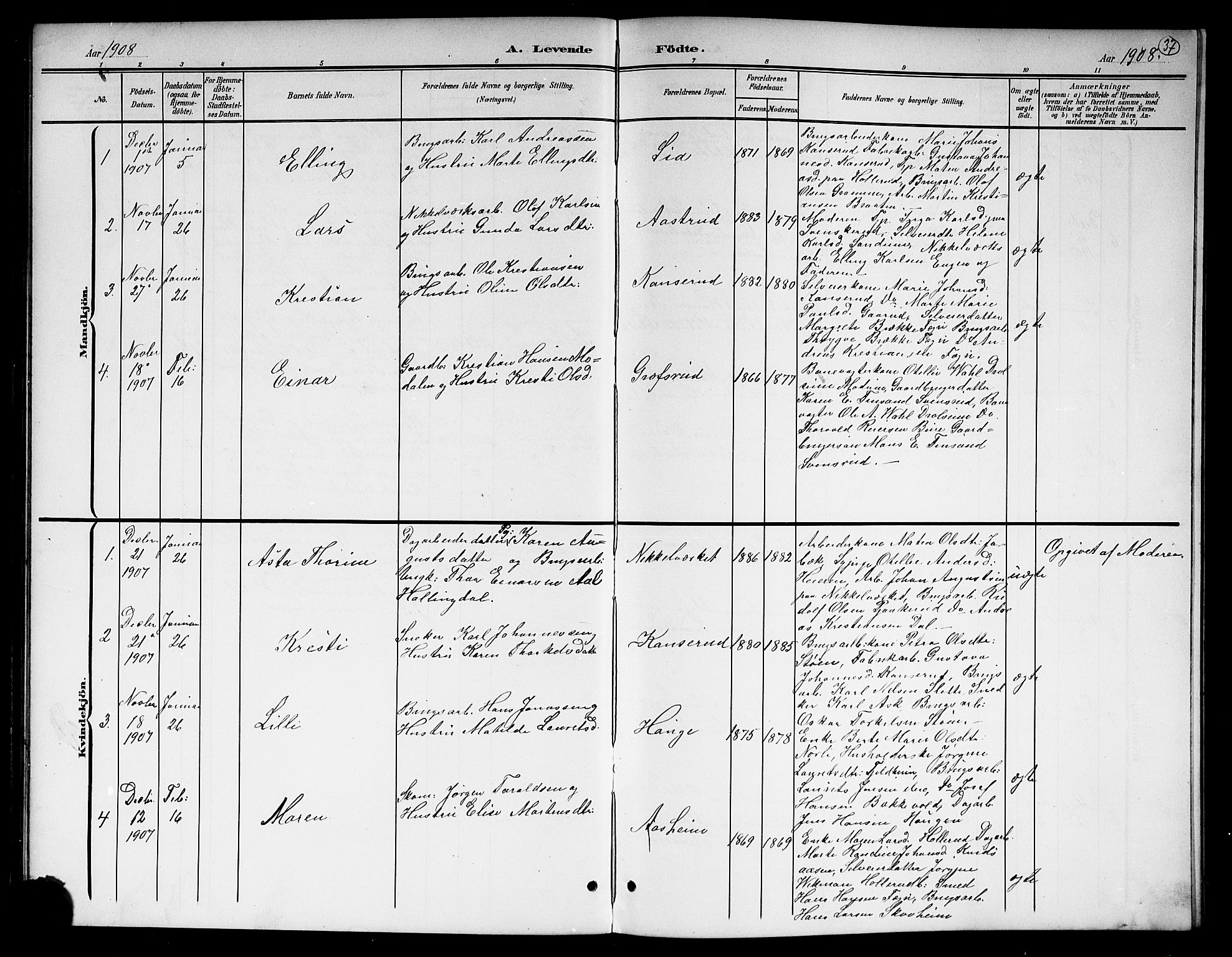 Hole kirkebøker, SAKO/A-228/G/Gb/L0004: Parish register (copy) no. II 4, 1901-1916, p. 37