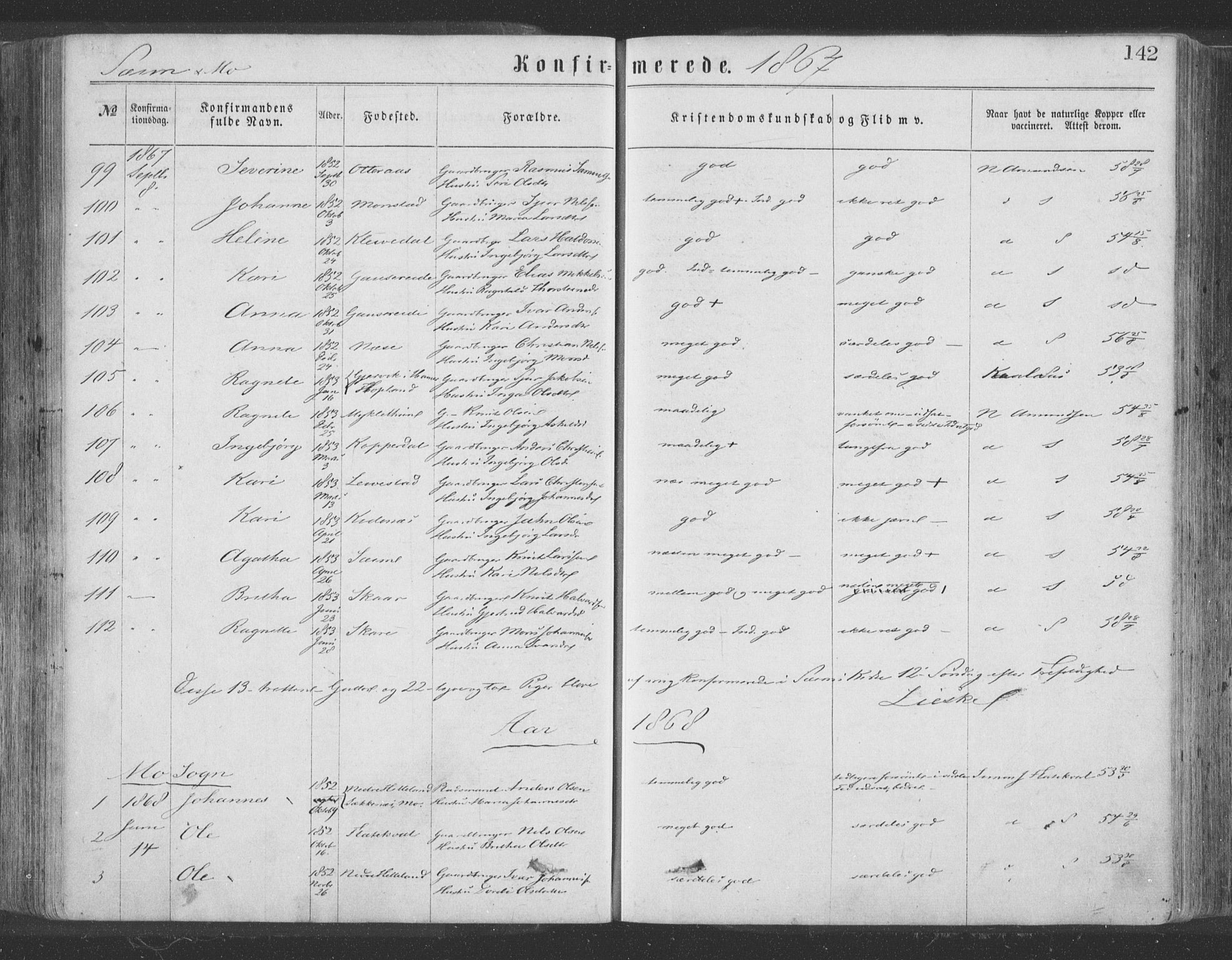 Hosanger sokneprestembete, AV/SAB-A-75801/H/Haa: Parish register (official) no. A 9, 1864-1876, p. 142