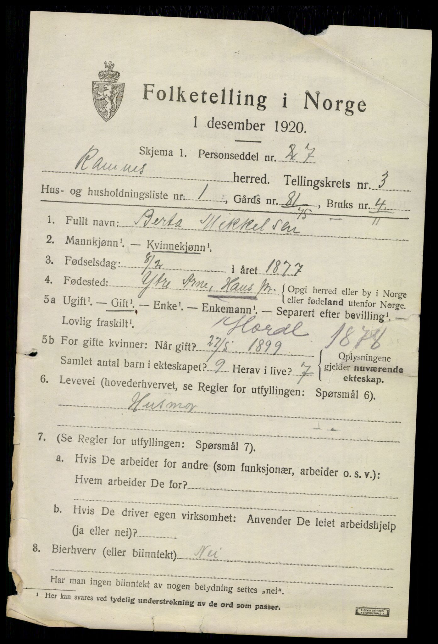 SAKO, 1920 census for Ramnes, 1920, p. 3252