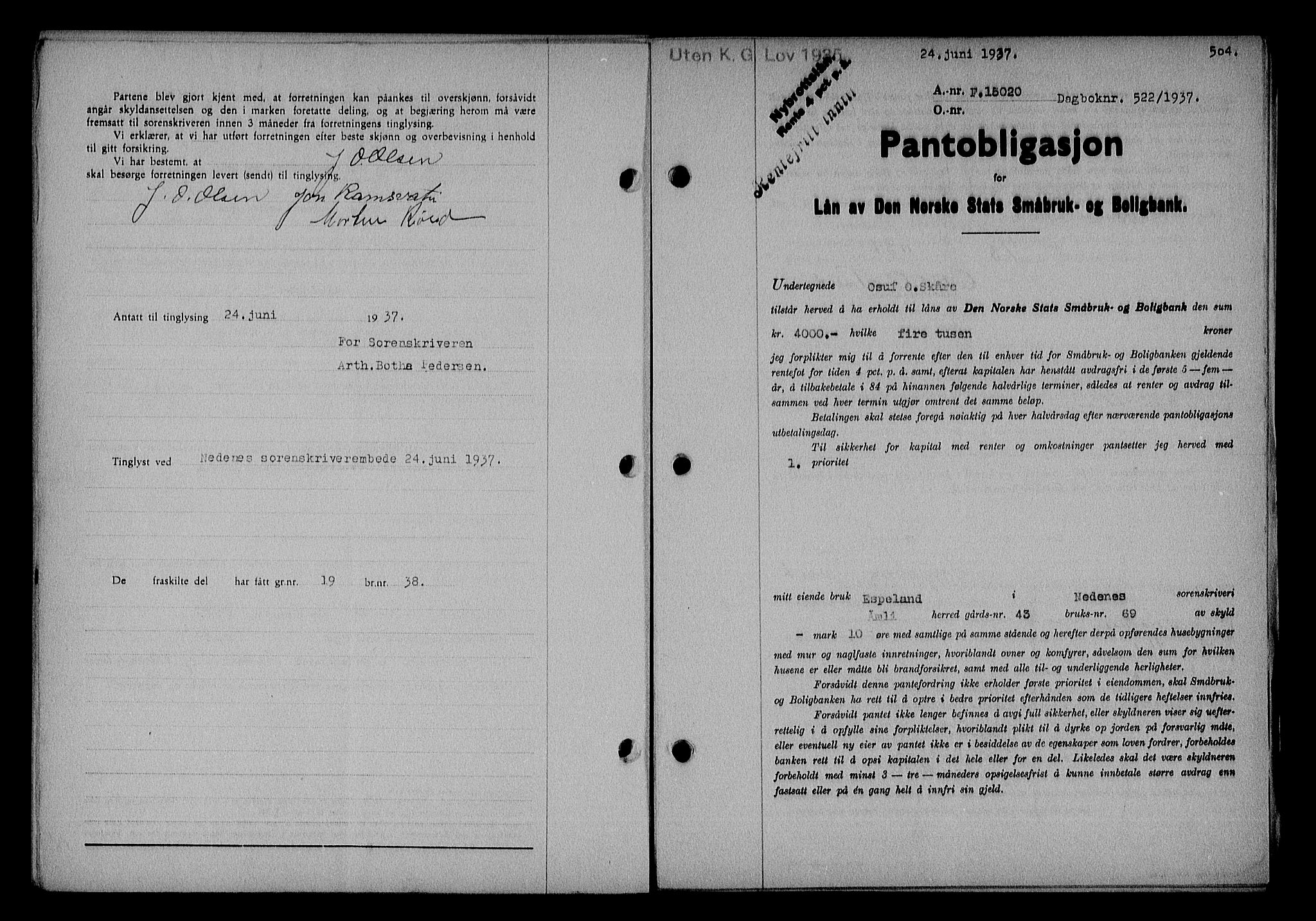 Nedenes sorenskriveri, SAK/1221-0006/G/Gb/Gba/L0043: Mortgage book no. 39, 1936-1937, Diary no: : 522/1937
