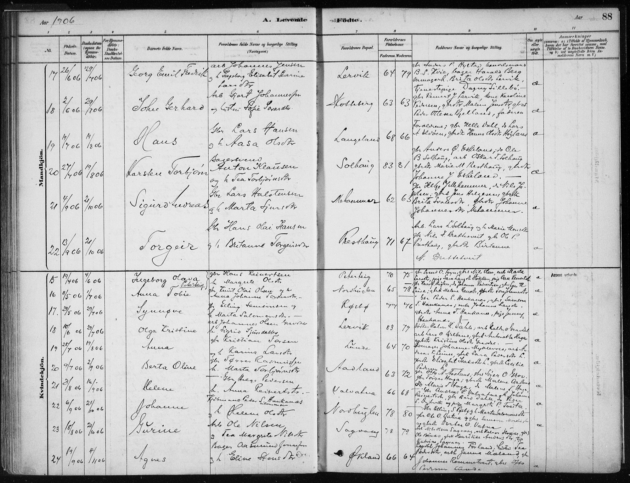 Stord sokneprestembete, AV/SAB-A-78201/H/Haa: Parish register (official) no. B 2, 1878-1913, p. 88