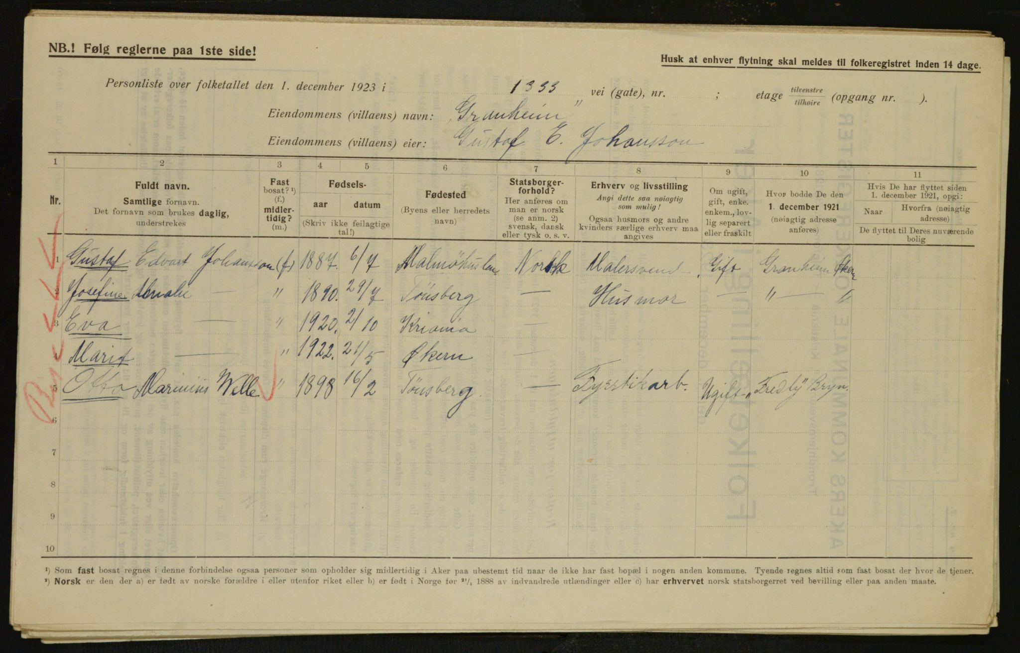 , Municipal Census 1923 for Aker, 1923, p. 35384