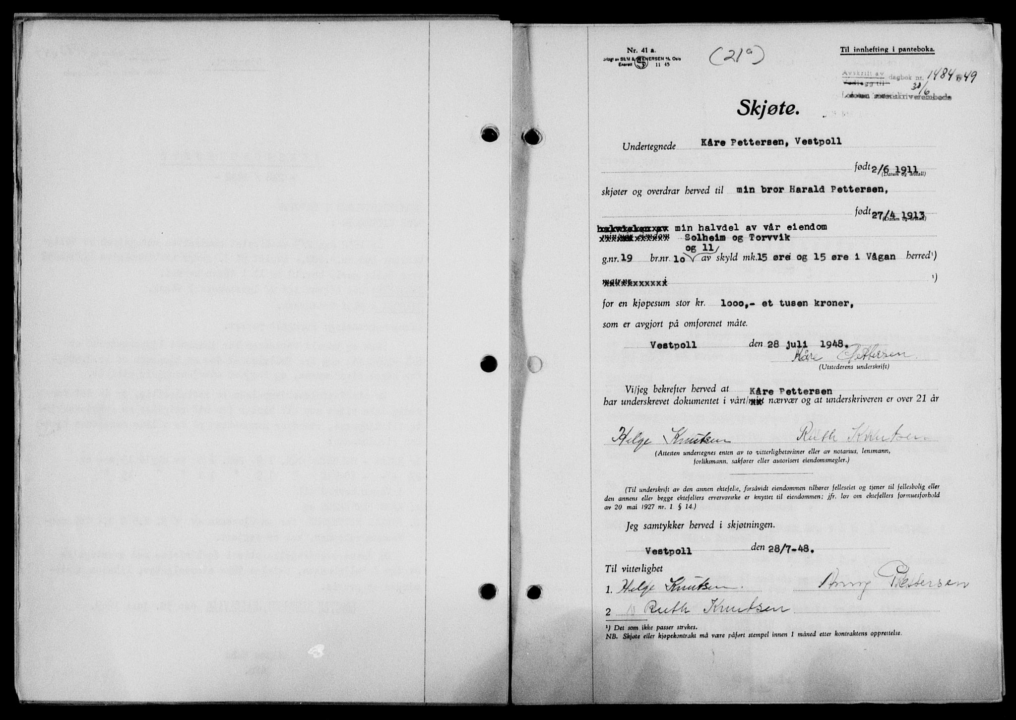 Lofoten sorenskriveri, SAT/A-0017/1/2/2C/L0021a: Mortgage book no. 21a, 1949-1949, Diary no: : 1484/1949