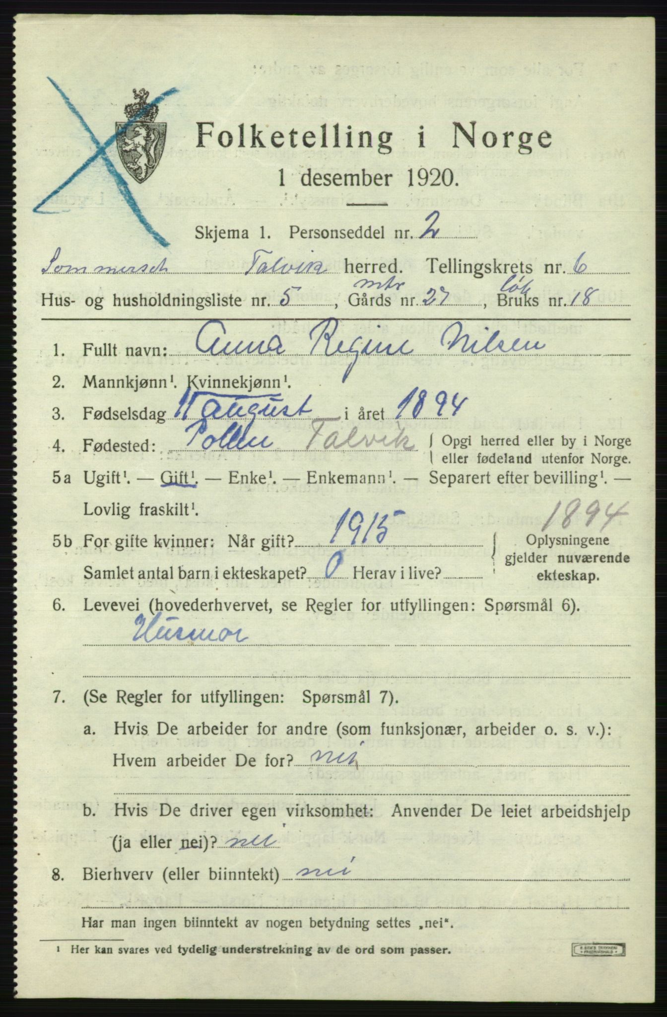 SATØ, 1920 census for Talvik, 1920, p. 3674