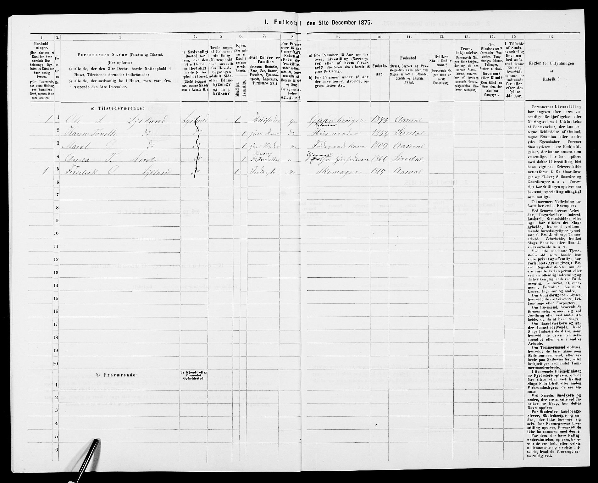 SAK, 1875 census for 0980P Åseral, 1875, p. 298