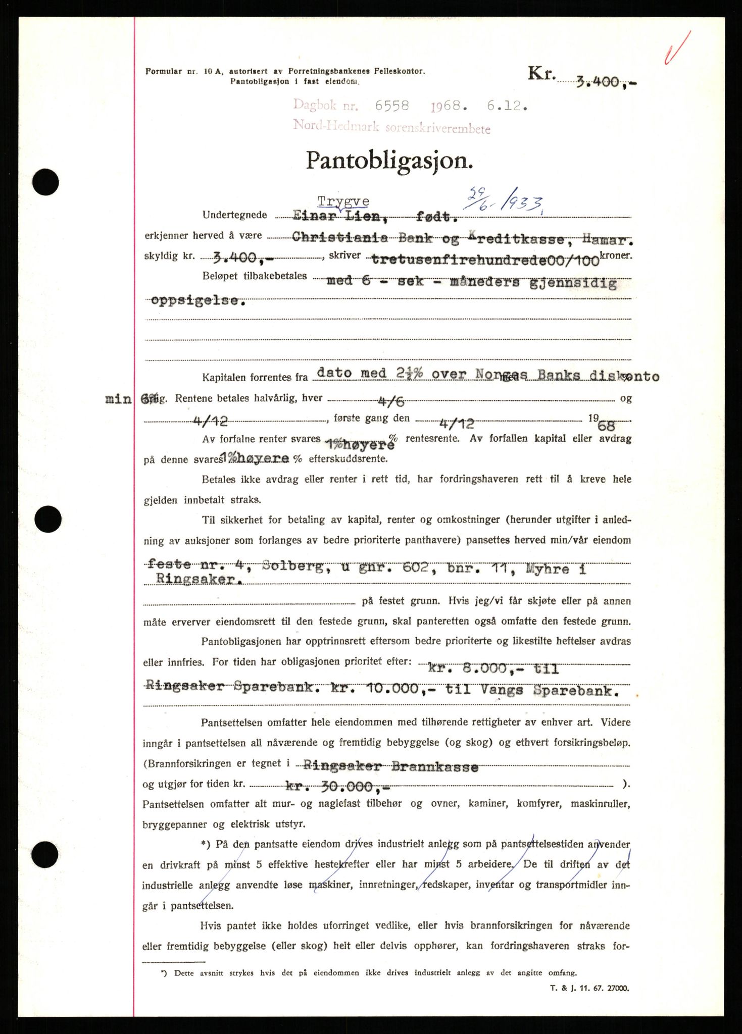 Nord-Hedmark sorenskriveri, SAH/TING-012/H/Hb/Hbf/L0077: Mortgage book no. B77, 1968-1969, Diary no: : 6558/1968