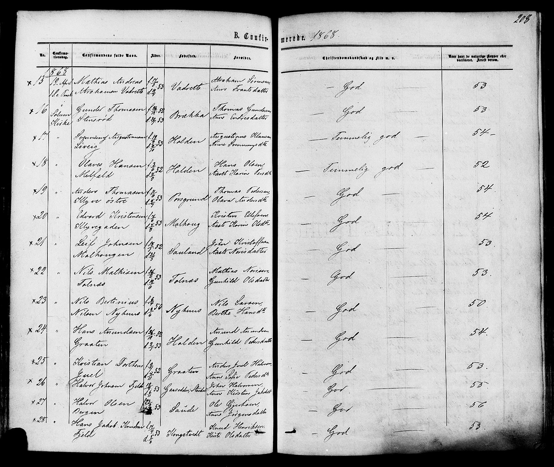 Solum kirkebøker, AV/SAKO-A-306/F/Fa/L0008: Parish register (official) no. I 8, 1865-1876, p. 208