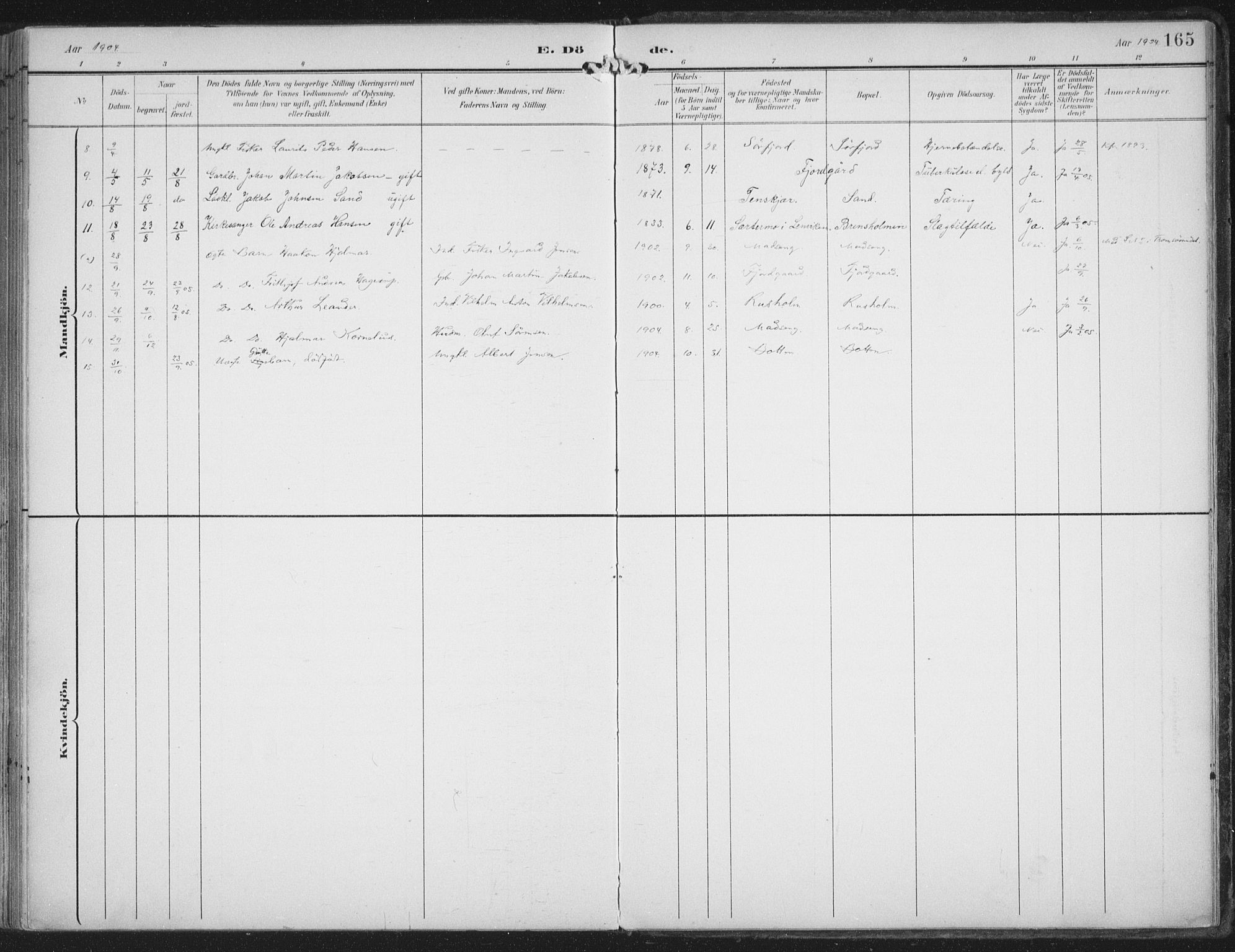 Lenvik sokneprestembete, AV/SATØ-S-1310/H/Ha/Haa/L0015kirke: Parish register (official) no. 15, 1896-1915, p. 165