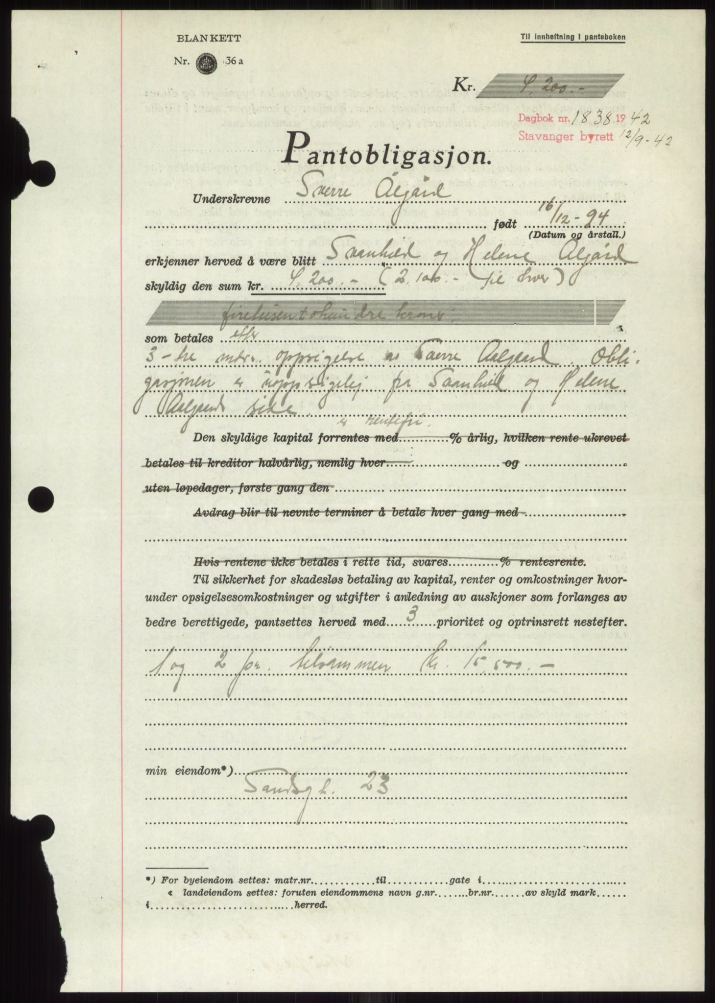 Stavanger byrett, SAST/A-100455/002/G/Gb/L0033: Mortgage book, 1936-1950, Diary no: : 1838/1942