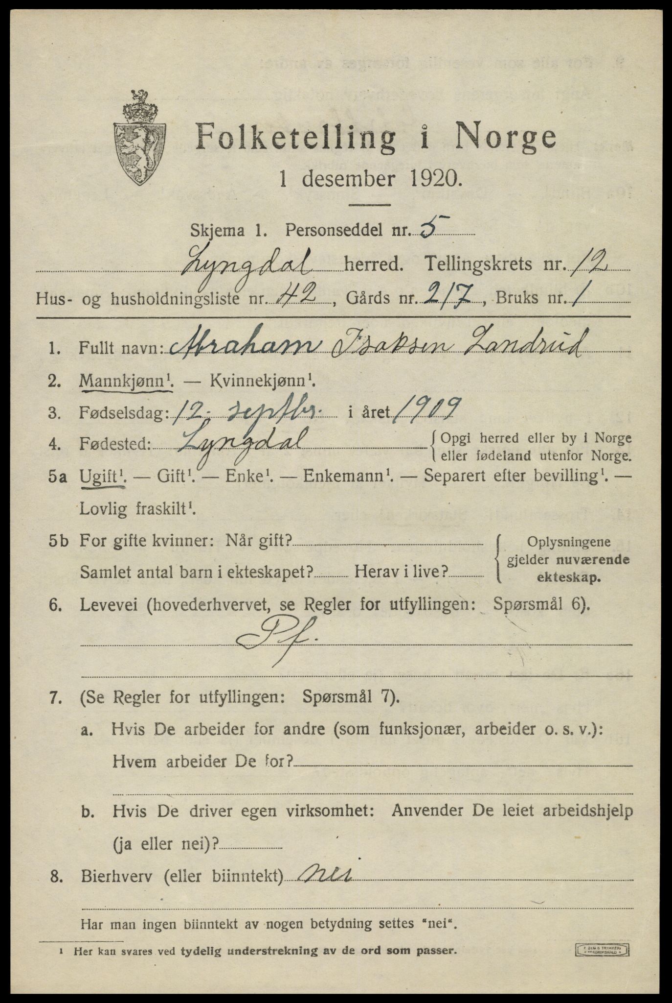 SAK, 1920 census for Lyngdal, 1920, p. 5819