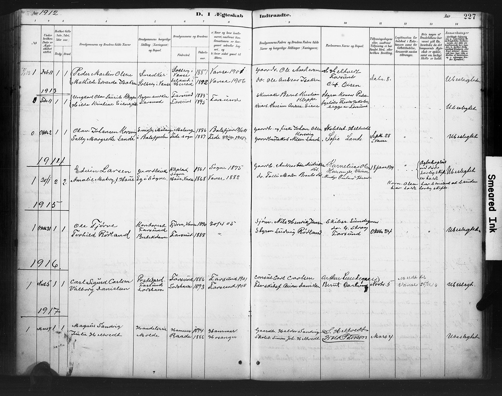 Farsund sokneprestkontor, AV/SAK-1111-0009/F/Fb/L0001: Parish register (copy) no. B 1, 1886-1931, p. 227