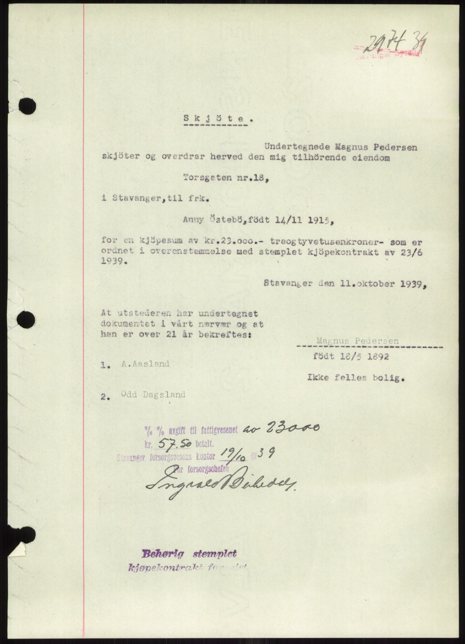 Stavanger byrett, SAST/A-100455/002/G/Gb/L0033: Mortgage book, 1936-1950, Diary no: : 2974/1939