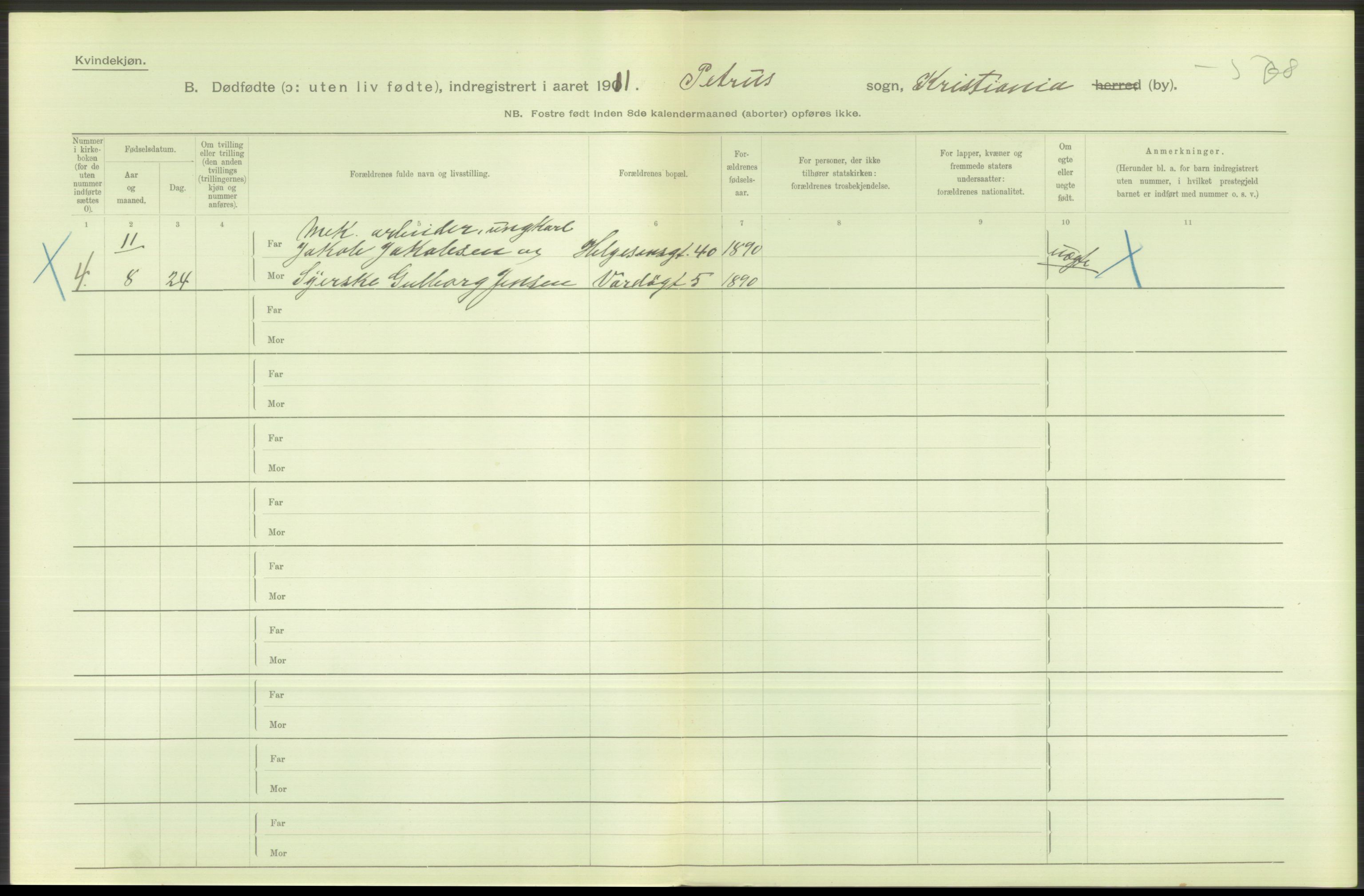 Statistisk sentralbyrå, Sosiodemografiske emner, Befolkning, AV/RA-S-2228/D/Df/Dfb/Dfba/L0010: Kristiania: Døde kvinner samt dødfødte., 1911, p. 128