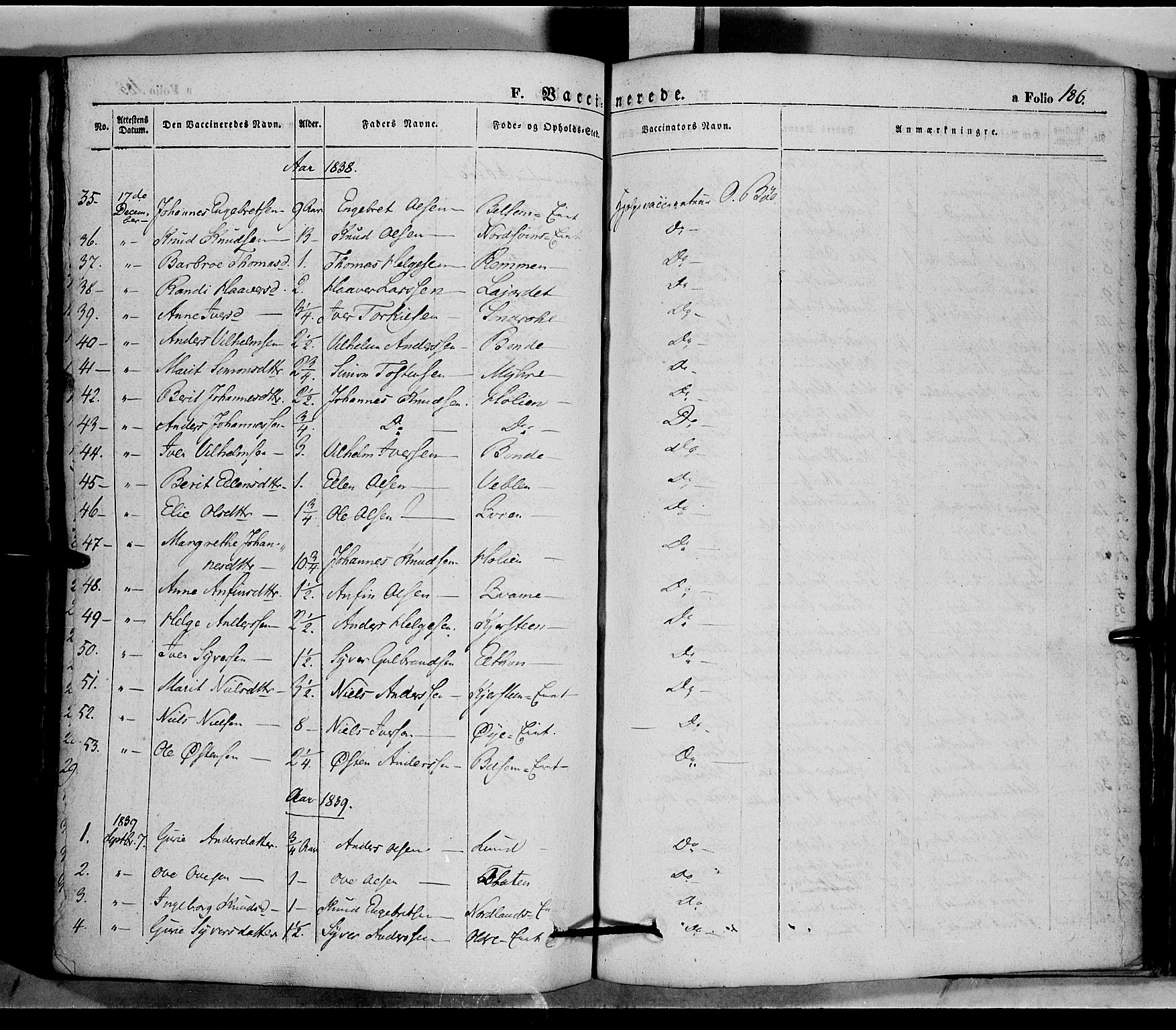 Vang prestekontor, Valdres, SAH/PREST-140/H/Ha/L0005: Parish register (official) no. 5, 1831-1845, p. 186